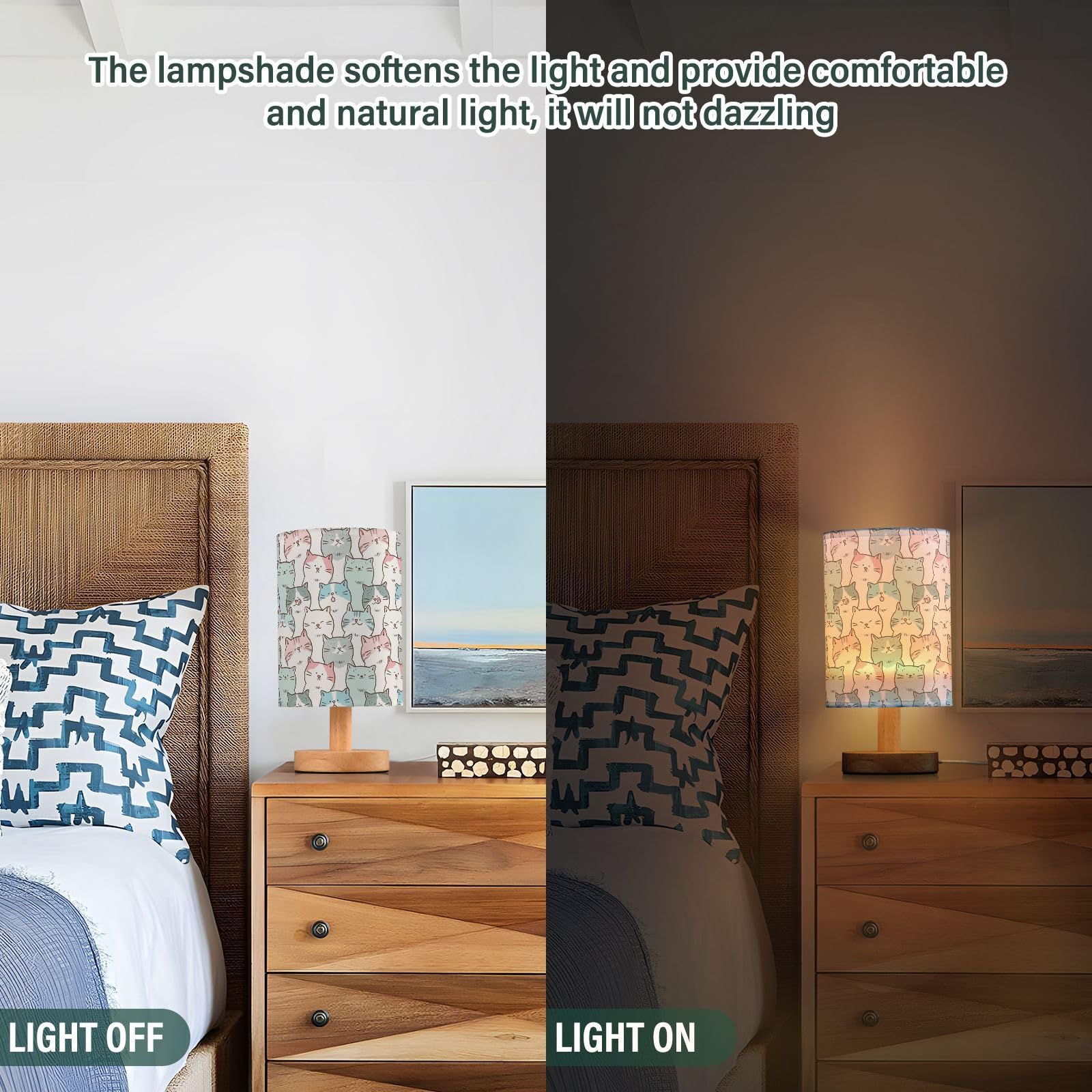 Bseiialft Funny Cats Animal Bedside Table Lamp Nightstand Lamp With Wood Base Night Light Linen Fabric Shade For Bedroom Living Room Nursery Office Desk