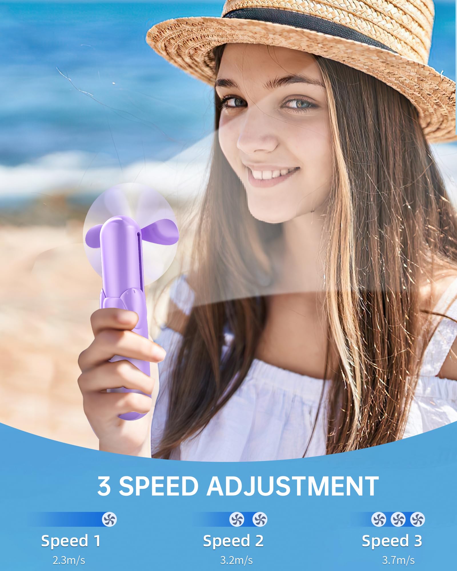 Mini Handheld Fan, Portable Hand Fan With Usb Rechargeable, 2000 Mah Battery Operated, 3 Speeds