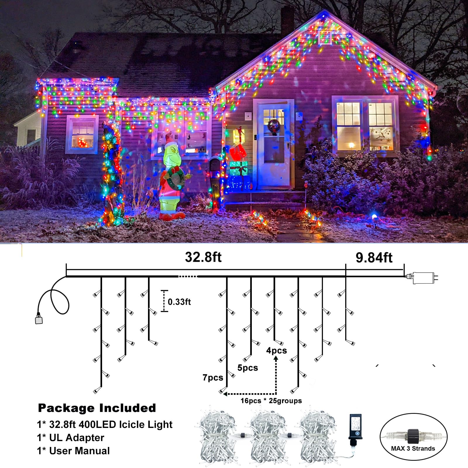 Xmasbokeh Icicle Lights For Outside, 33Ft 400 Led Christmas Lights Outdoor Indoor With 8 Modes 75 Drops, Waterproof Connectable Twinkle String Light For Eaves Patio Garden Wedding Party Decor, Multicolor