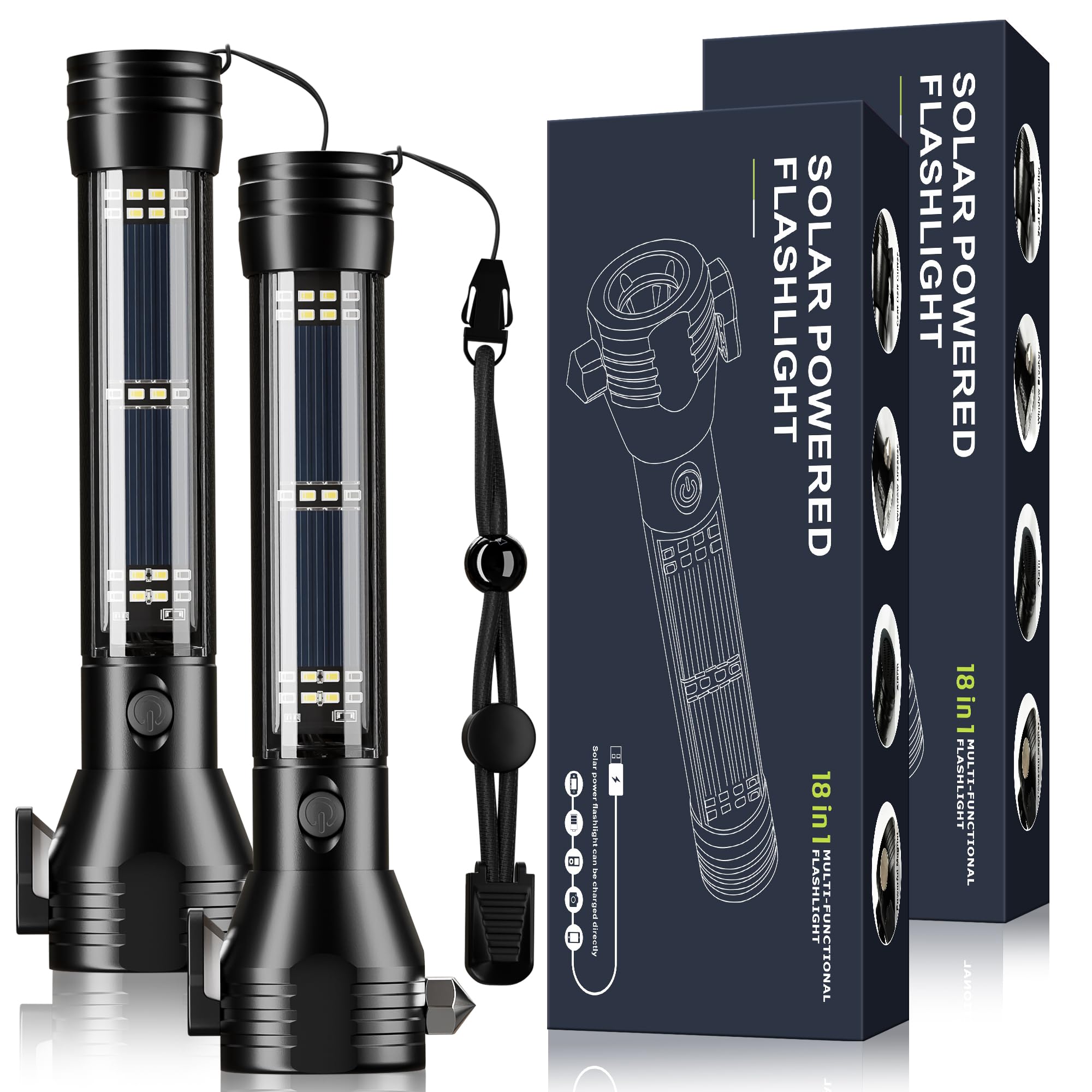 Otdair Solar/Rechargeable Led Flashlight, Multi Function Ultra Bright Flashlight, Emergency Strobe Light, Usb-C Rechargeable, Survival Gear And Supplies, 5 Modes For Outdoor, Camping, Hiking, 2 Pack