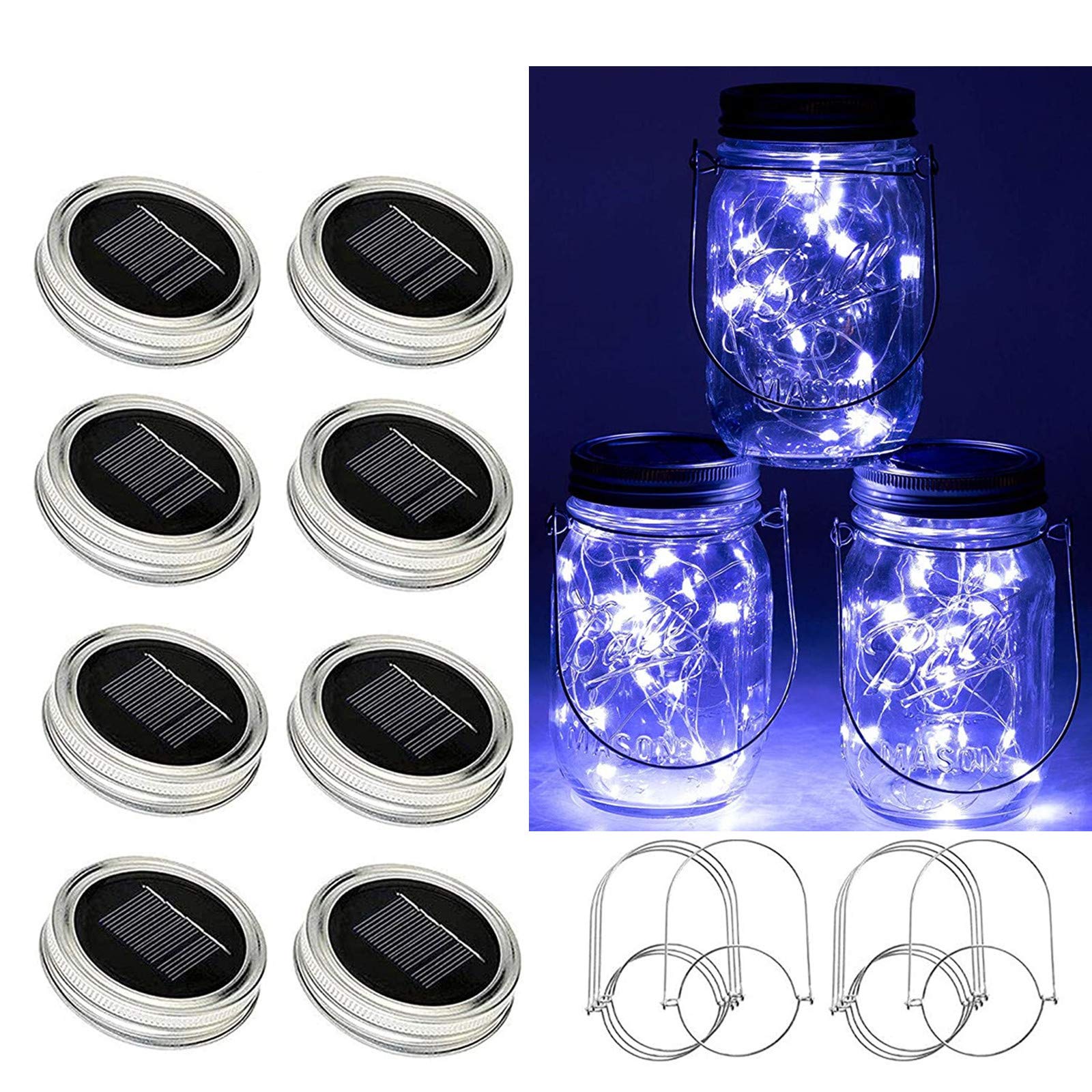 Yjfwal Solar Mason Lid Light, 8 Pack 30Led Mason Jar Fairy Lights,Including 8 Hangers And 2 Pcs Fairy Decor Pvc (Jars Not Included), Courtyard Garden, Interior Decora (Cool White)