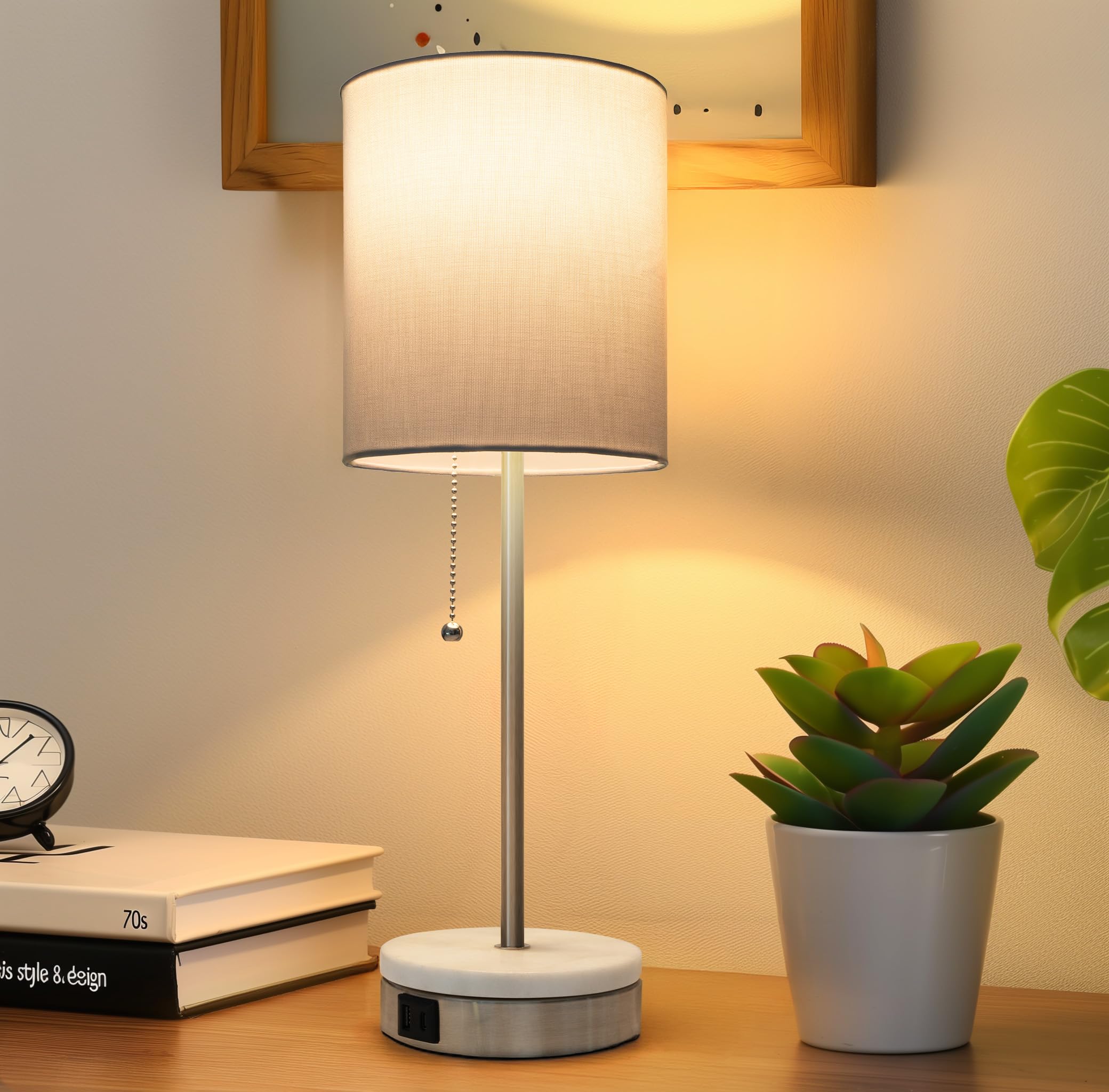 Velxee Marble Table Lamp, Bedside Lamps With Pull Chain For Bedroom, Lamp For Night Stands With Usb Ports And Square Shade For Living Room Home Decor, Bulb Included