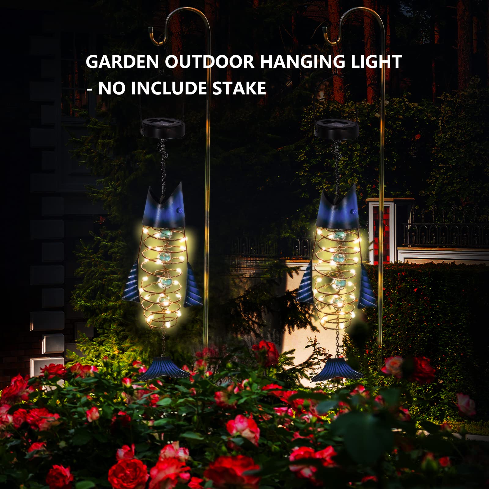 Hongland Outdoor Lights For Patio Garden Decor - Metal Solar Fish Hanging Decoration - Solar Lamp Decorative Yard Art - Pretty Nice Lantern For Man Woman Holiday Gift Ideas  Waterproof Warm Led Lighting