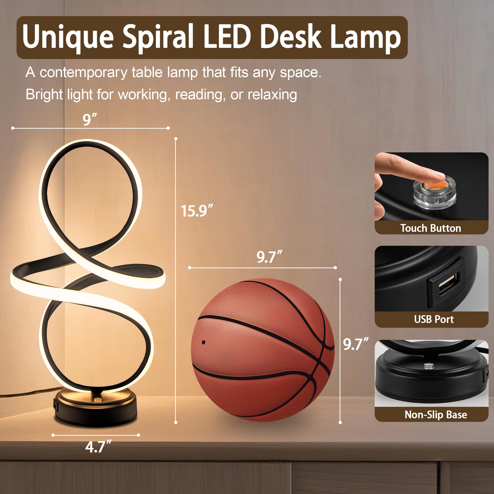 Mayful Modern Led Spiral Table Lamp,Black Touch Control Bedside Lamp With Usb Charging Ports,Contemporary Stepless Dimmable Nightstand Lamp For Bedroom Living Room Home Office,12W, 3200K Warm White