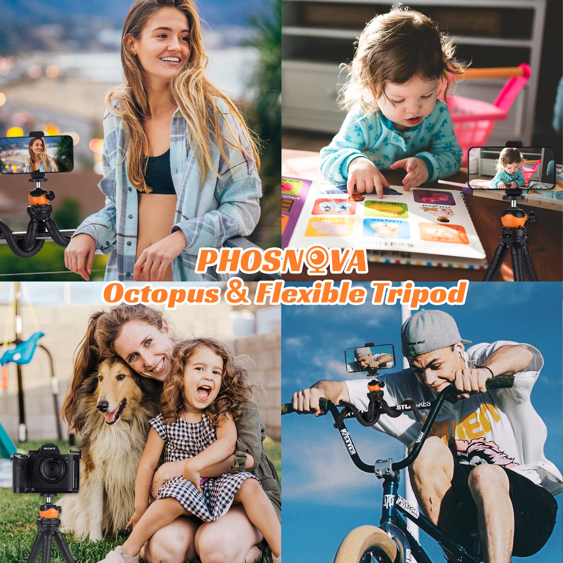 Phosnova Cell Phone Tripod Stand, Portable Flexible Tripod For Iphone With Wireless Remote, Camera Tripod, Double 360°Rotation Adjustable Mini Tripod For Iphone/Android/Gopro/Ipad/Dslr, Orange