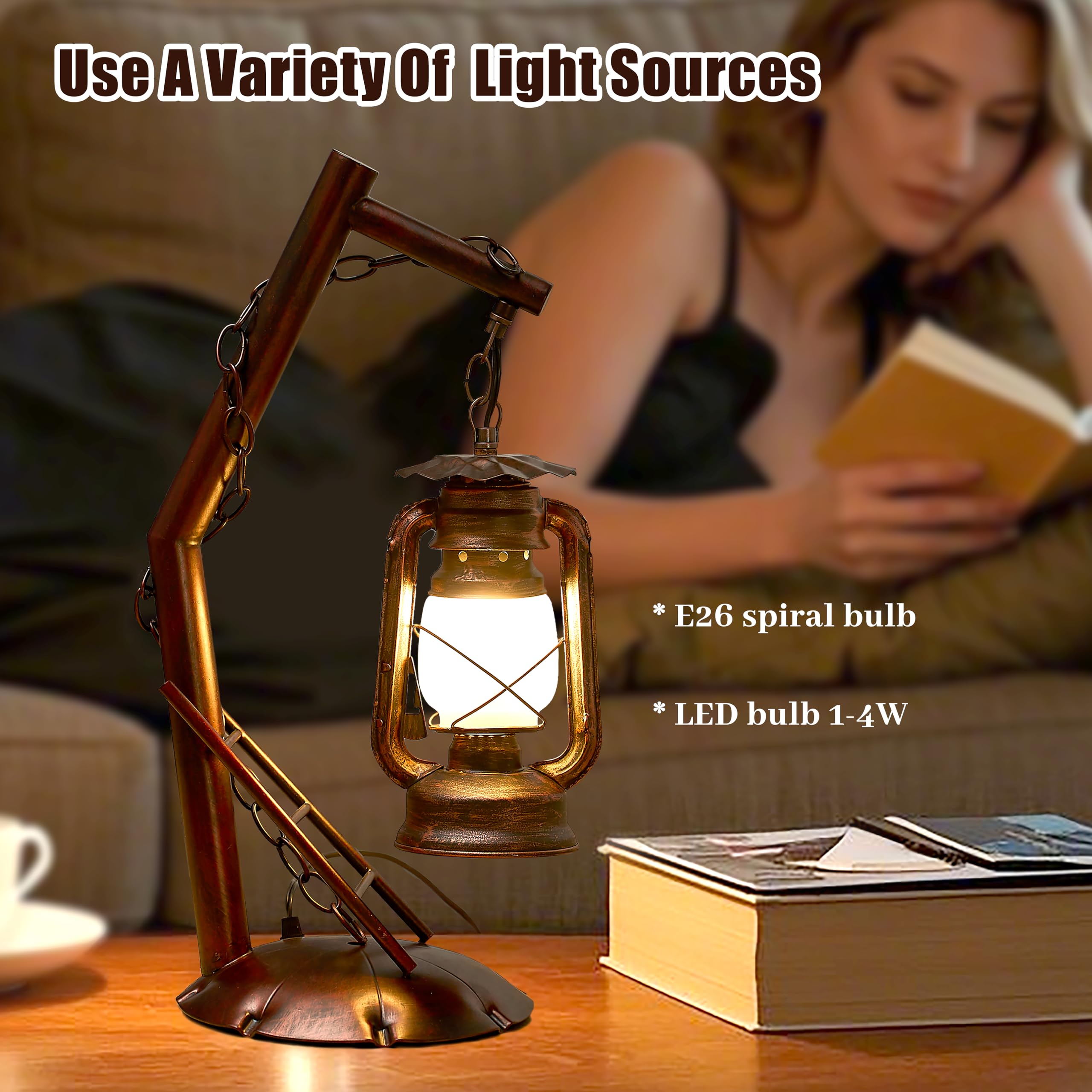Braveamor Farmhouse Table Lamps Rustic Desk Vintage Lantern Table Lamp Antique Finish Bedside Nightlight Lamp For Bedroom, Office,Living Room (Red Brown Elen Shade, 21×10Inch)