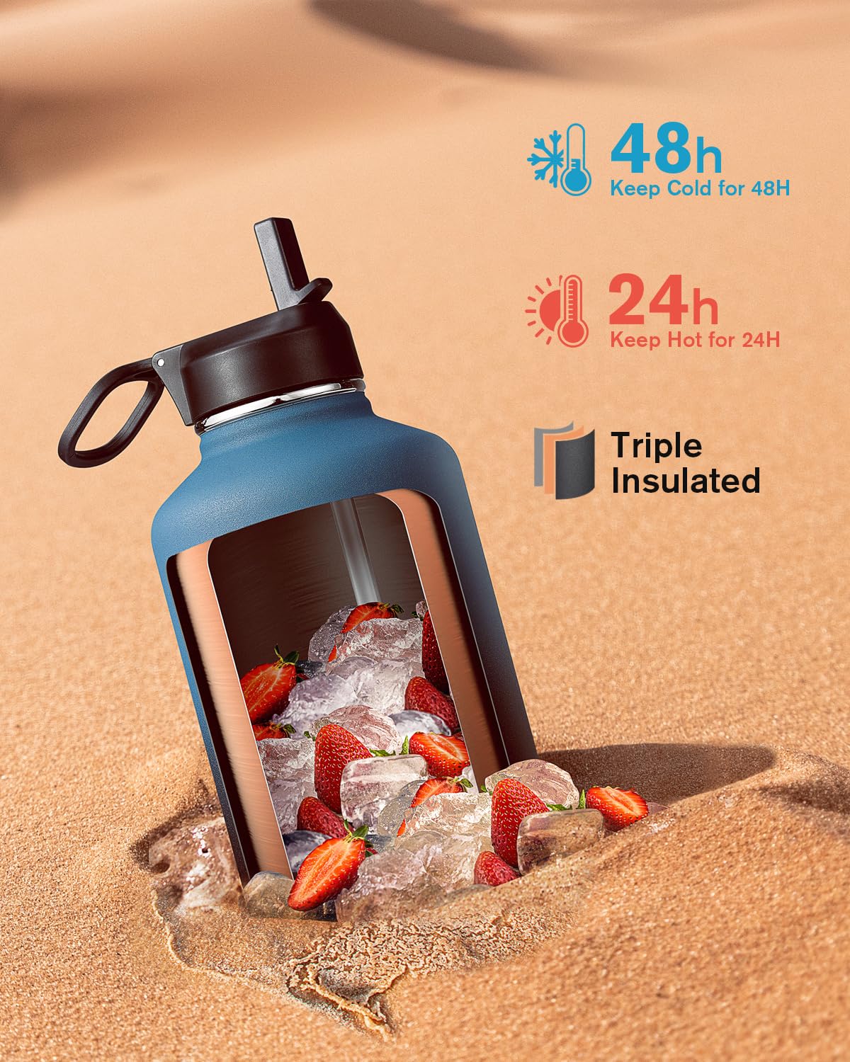 Half Gallon Water Bottle Insulated With Straw & 3 Lids, Coolflask 64 Oz Water Jug Large Metal Stain