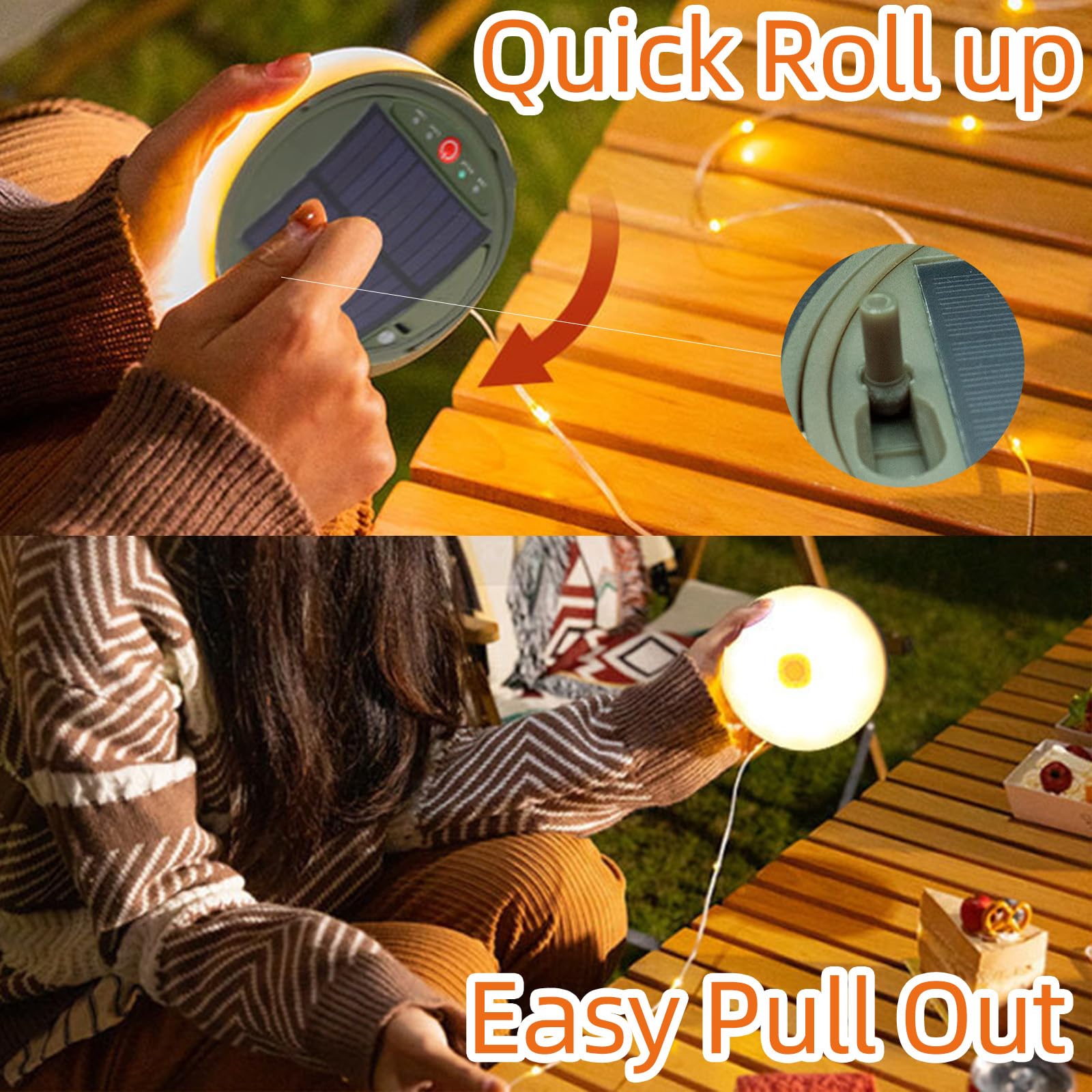 Janhaley Solar Camping String Lights, 39Ft 120Led Stowable String Lights With 8 Lighting Modes, Usb Rechargeable, Ip64 Waterproof Solar String Lights For Outdoor, Indoor, Home, Rv, Garden, Patio, Warm White