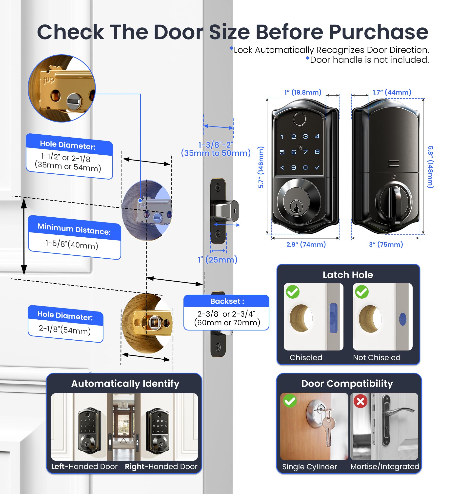 Veise Ve017 Fingerprint Smart Door Lock, App Control, 7-In-1 Keyless Entry, Auto Lock, Emergency Power Port, Electronic Touchscreen Keypad, Biometric Smart Locks For Front Door, Matte Black