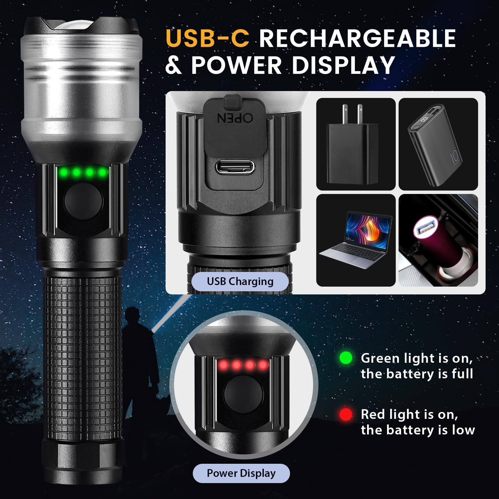 Leshen Rechargeable Flashlight 10000 High Lumens, Super Bright Flashlight Compact, Flashlight Rechargeable Usb-C Zoomable, 6 Modes Handheld Flashlight Suitable For Home Emergency, Outdoor, Hiking, Camping