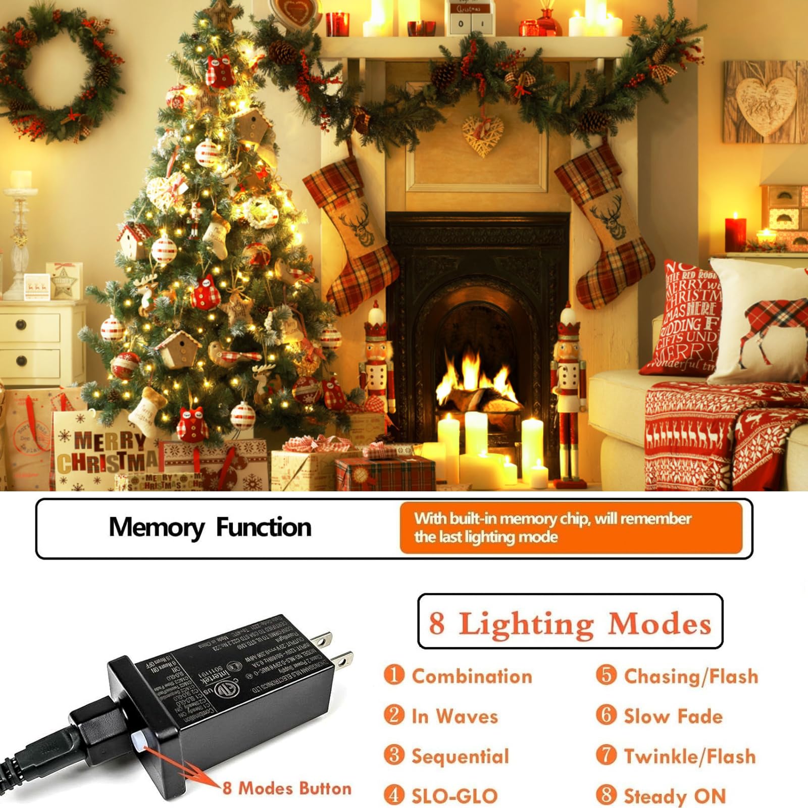 Sanjicha 2-Pack 66Ft 200 Led Christmas Lights, Extendable Christmas Tree Light With Timer & Memory Function, Waterproof Green Wire Outdoor String Lights Indoor With 8 Lighting Modes (Warm White)