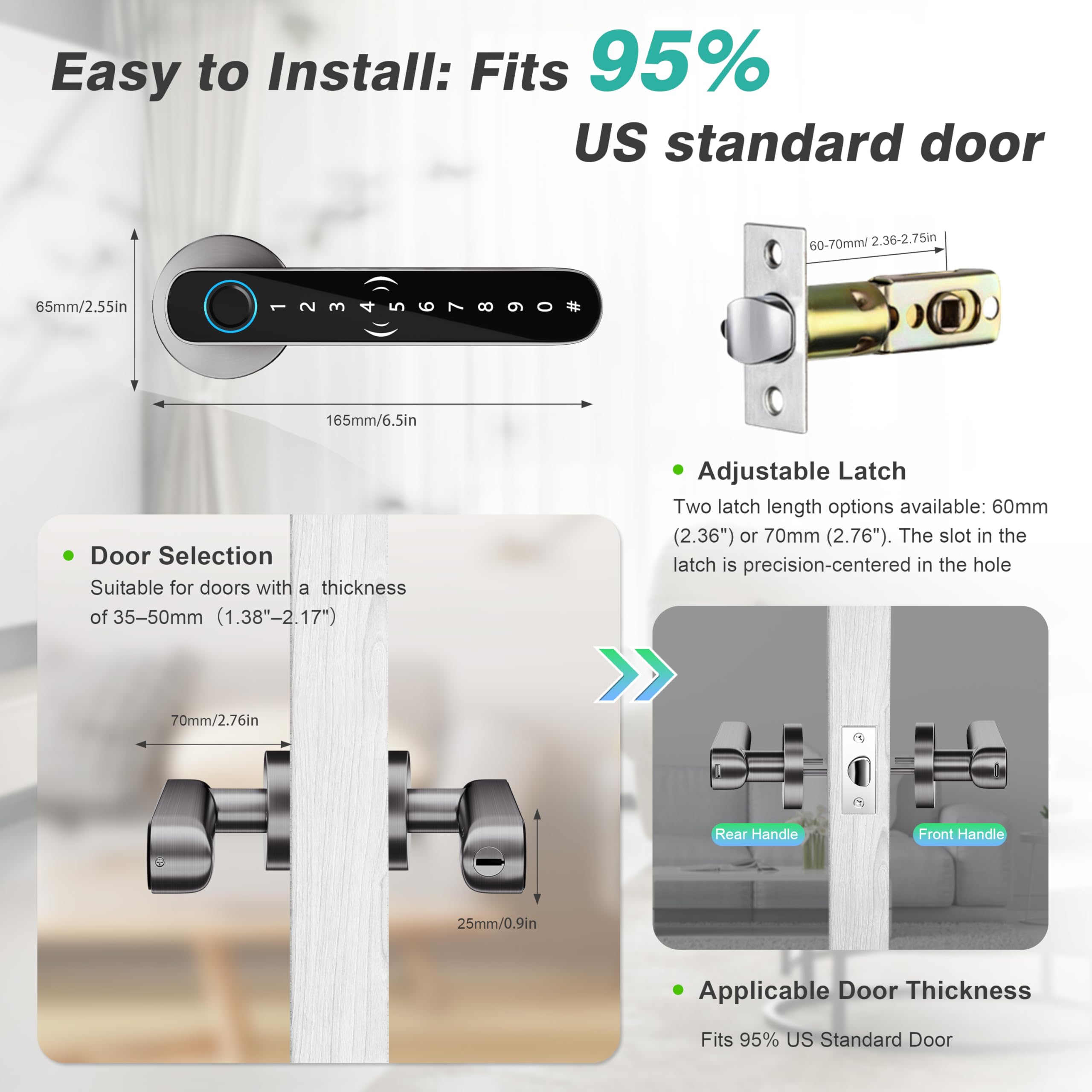 Vanzbon 5 In 1 Fingerprint Door Handle Lock For Bedroom,Smart Biometric Door Knob With Code,Electric Finger Print Doorknob,Keyless Smart Entry Door Lock Handle For Apartment,Interior Door,Office(Grey,Black)