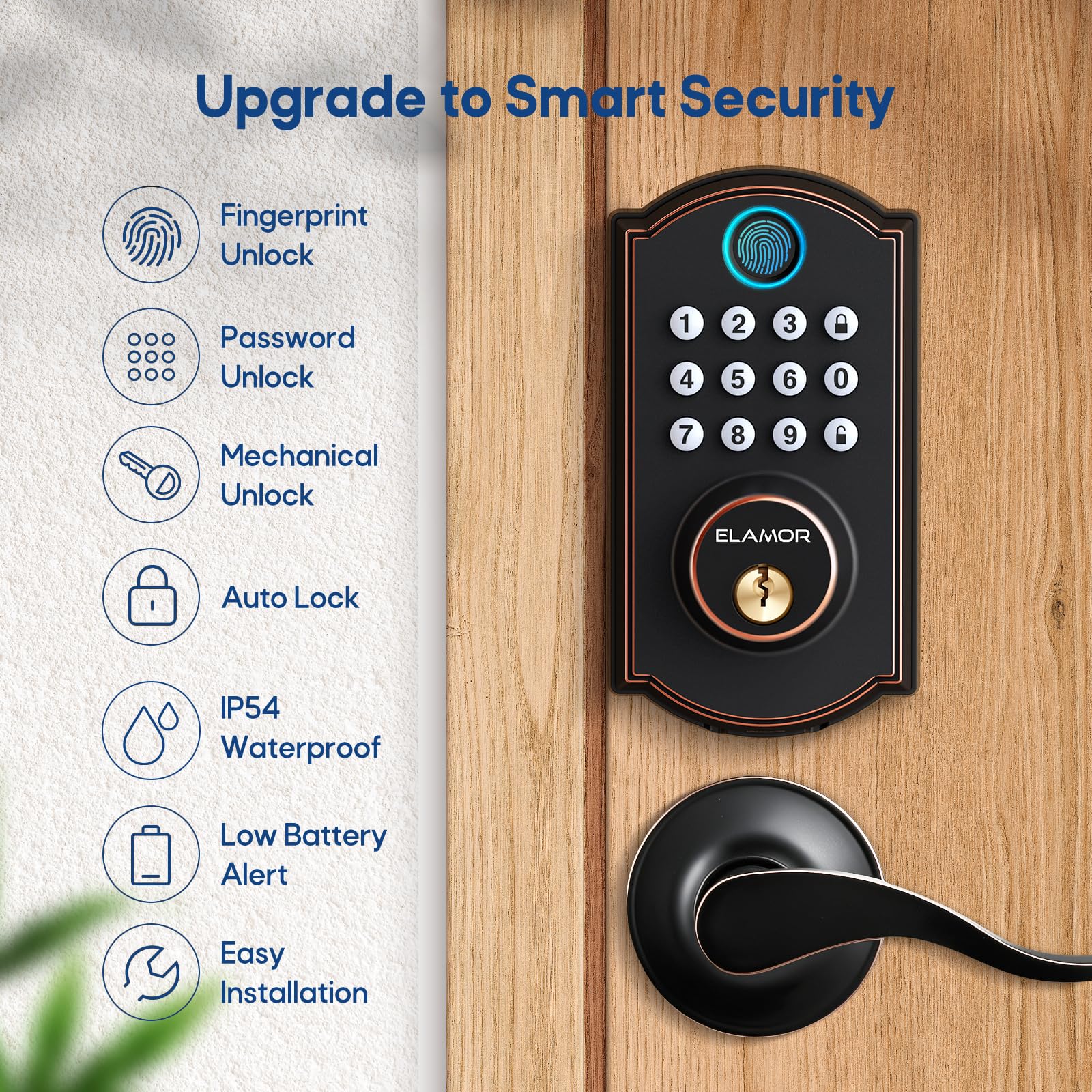 Elamor M19 Fingerprint Door Lock With 2 Lever Handles, Keyless Entry Door Lock, Automatic Locking, Easy To Install, Electronic Keypad Deadbolt With Code, Front Deadbolt Handle Sets, Oil Rubbed Bronze