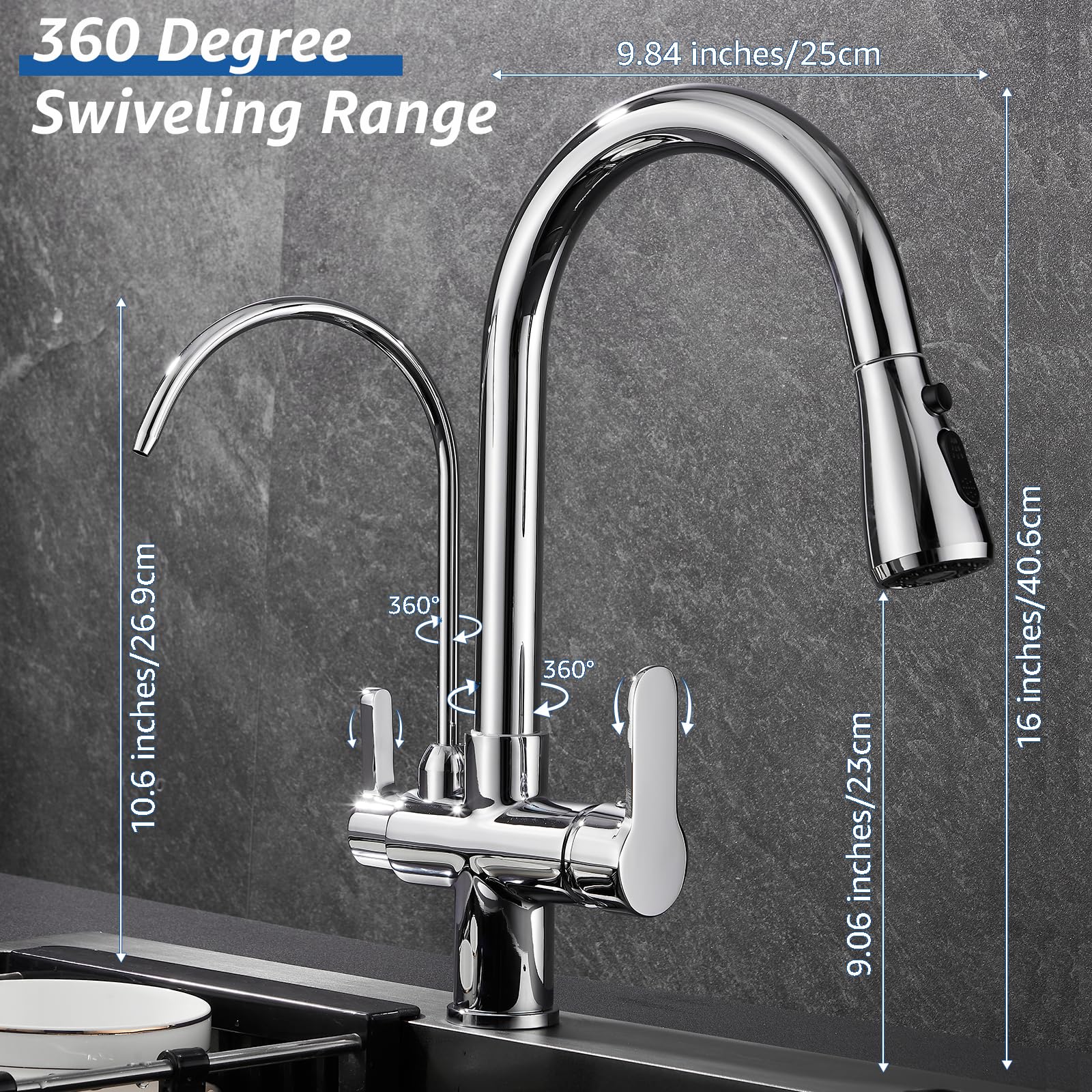 Pollock Kitchen Sink Faucet With Pull Down Spayer Faucet Water Filter 2 Handle 3 In 1 Faucet Water Filter For Kitchen Sink Cold And Hot Mixer Drinking Water Faucet,Chrome