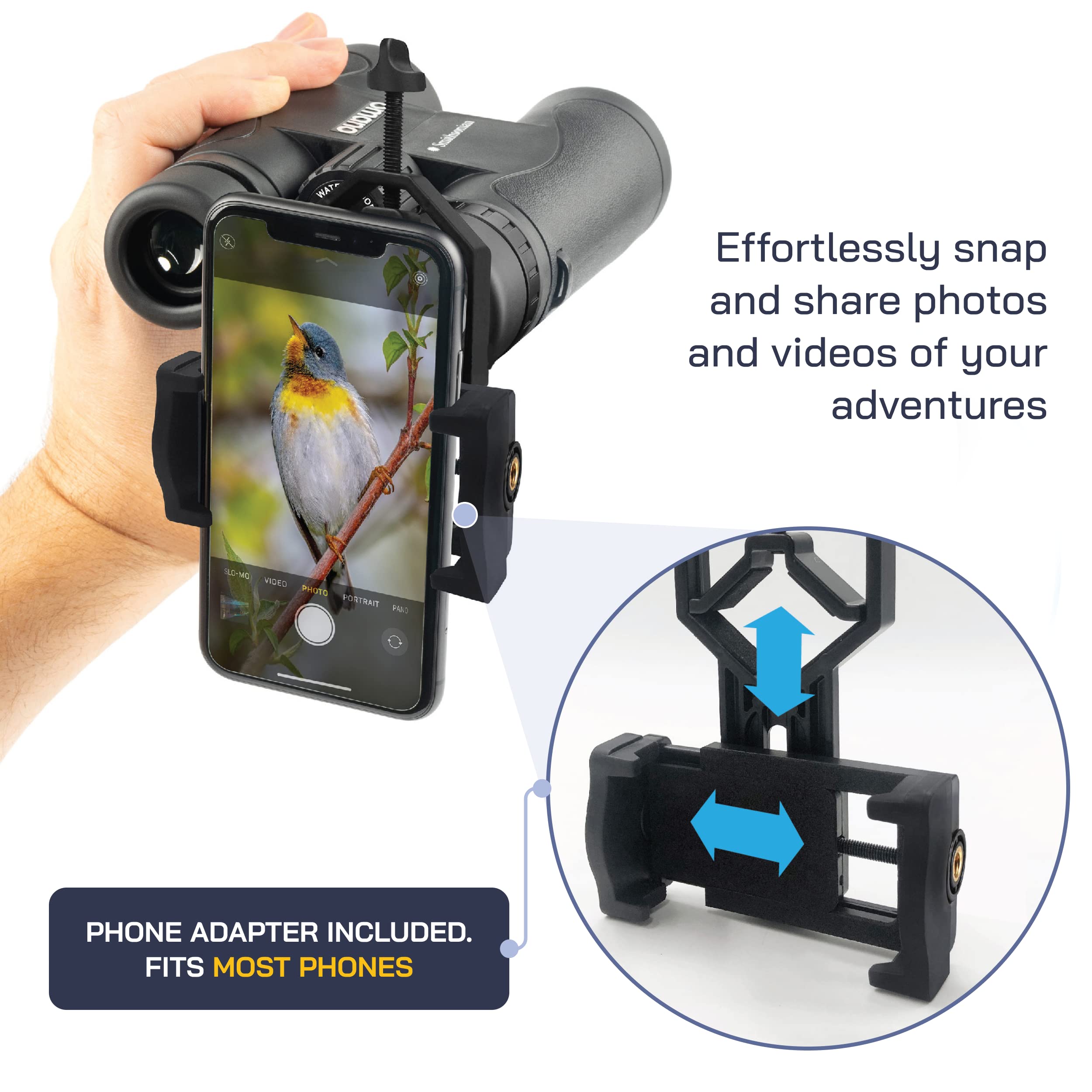 Omano Smithsonian Adult Birding Binoculars - 10X42, Phone Adapter, Diopter Adjustable - Ideal For Hiking, Travel - Includes Bird Watching Guide