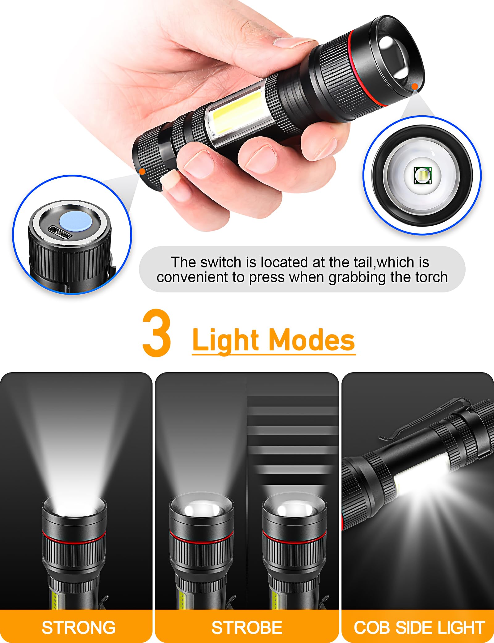 Plusinto Led Flashlight 1500 Lumens 2 Packs, Usb Rechargeable Torch Super Bright, Magnet And Clip, Cob Work Light, 3 Modes, Adjustable Focus Handheld Flashlight For Home, Dog Walking, Emergency
