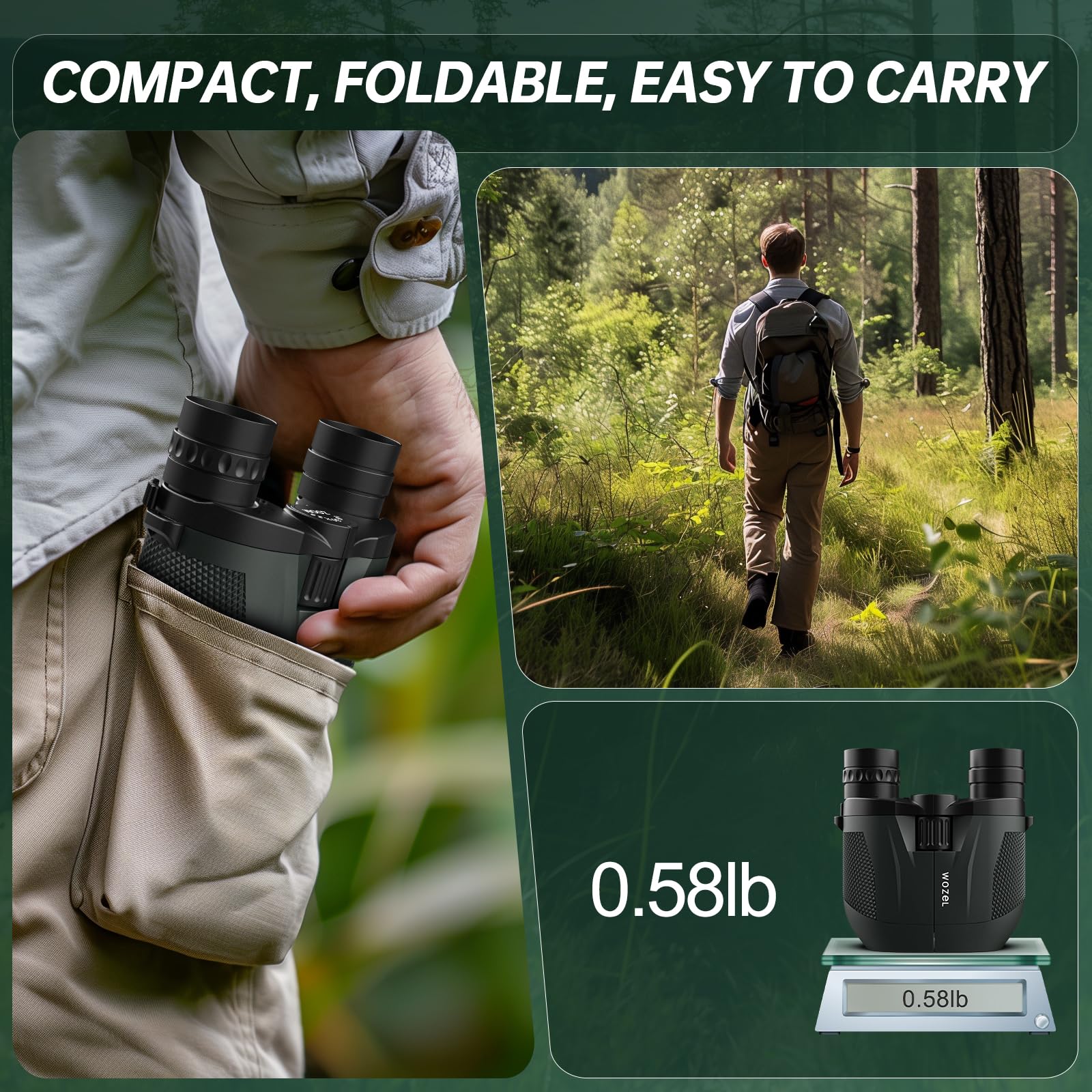 Wozel 10-30X25 Compact Binoculars For Adults Kids - High Powered For Bird Watching Hunting Hiking Travel - Zoom Binoculars With Large & Bright Field Of View, Green