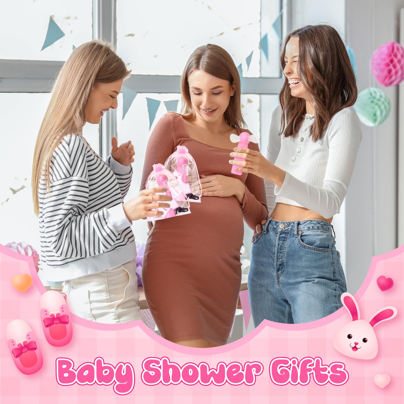 36 mini pink handheld fans with gift bags and thank you cards, ideal for baby shower favors