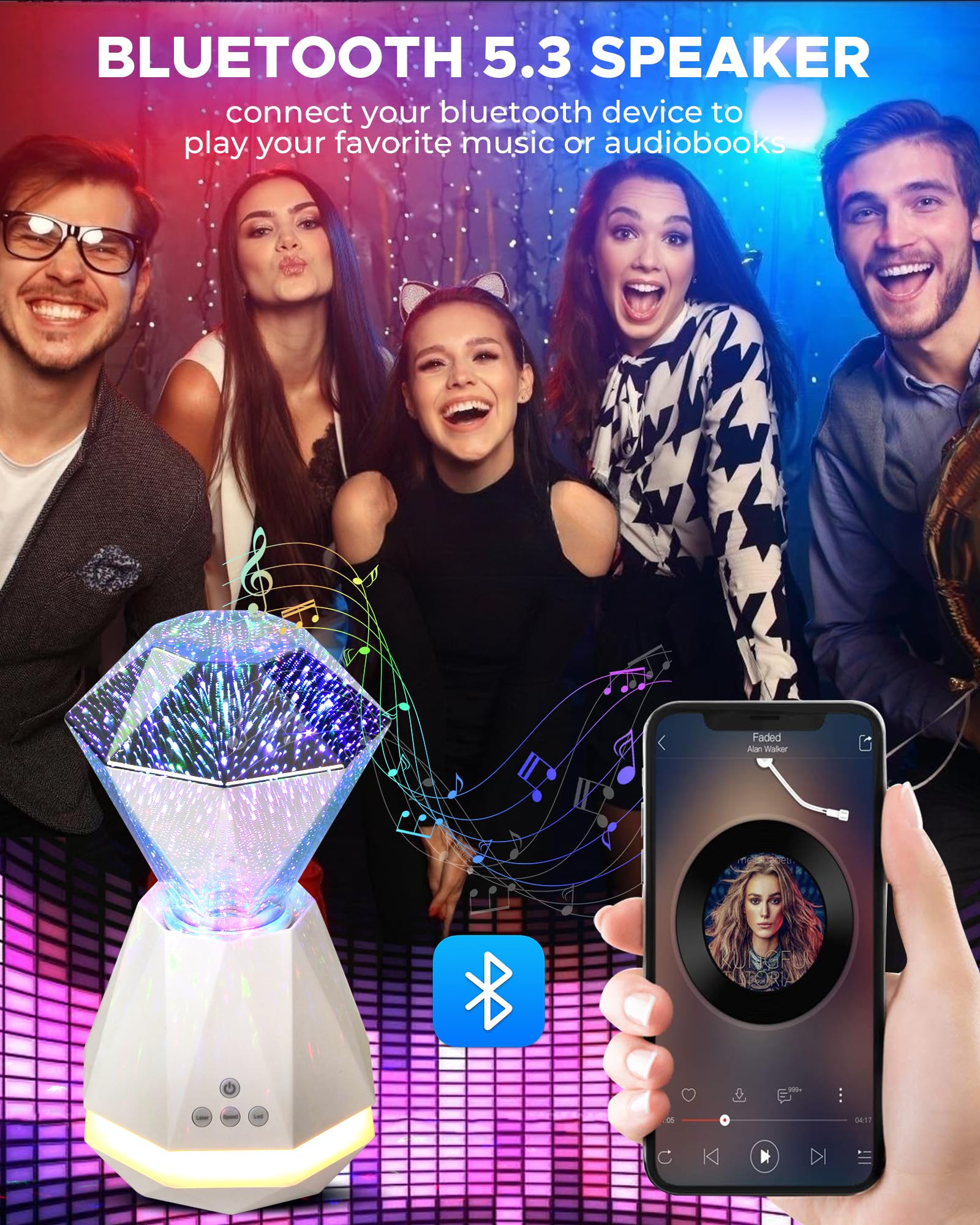 Mansuon 3D Diamond Laser Light, Dimmable Firework Bedside Lamp, With Led Night Light, Built In Speaker, Atmosphere Table Lamp For Living Room Decor, Valentine'S Day And Birthday