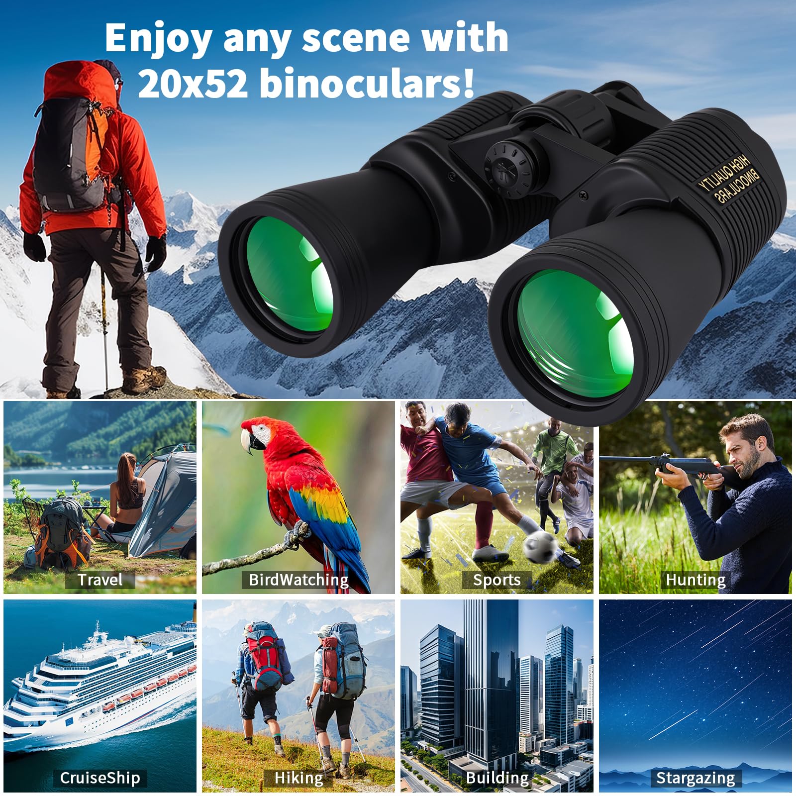 Sfeoot 20X50 High Powered Binoculars For Adults, Clear Durable Binoculars For Bird Watching Sightseeing Wildlife Watching Travel Hunting Football Games Stargazing With Carrying Case & Strap
