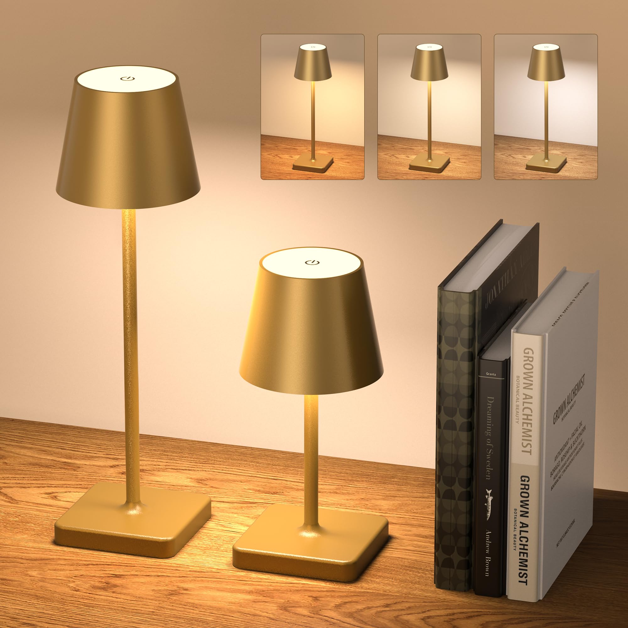 Gigart 2 Pack Cordless Table Lamp Rechargeable, Cordless Lamp With 5000Mah Battery Operated, 3 Color Stepless Dimming, Touch Control, Portable Table Light Outdoor For Restaurant Bedroom Night Light (Gold)