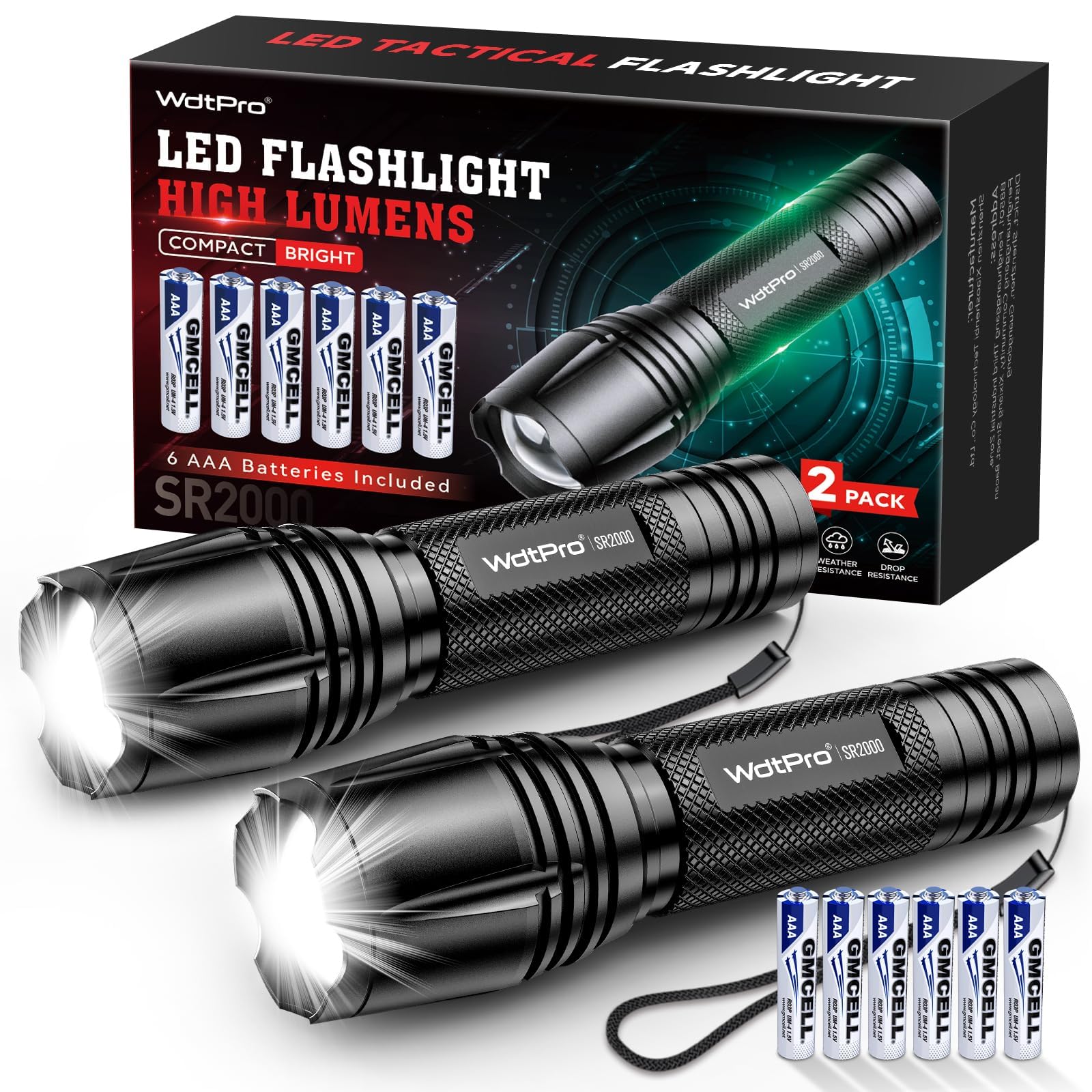 Wdtpro Led Flashlight High Lumens Sr2000 Pro, 2 Pack Brighter Tactical Flashlights With 5 Modes & Zoomable, Powerful Mini Flash Light For Emergency, Camping, Hiking (Black)
