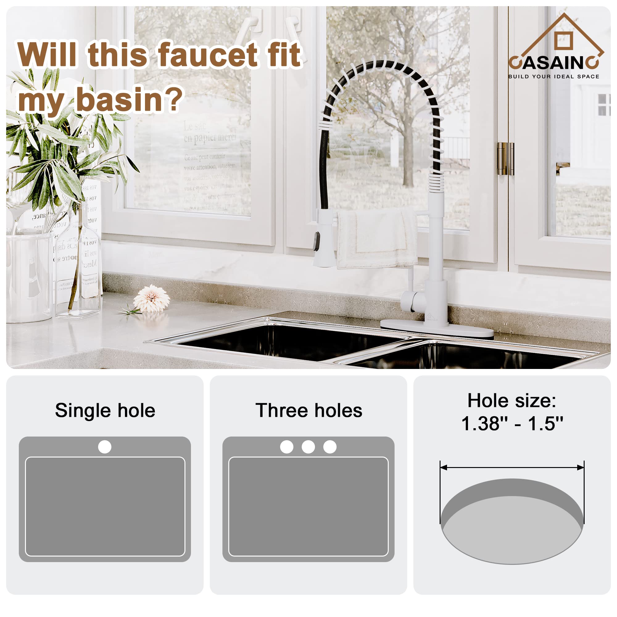 Casainc Kitchen Faucet Matte White，1.8 Gpm Spring Single Handle Kitchen Sink Faucet, Lead- Copper High Single Handle For Bar Laundry Utility Sink