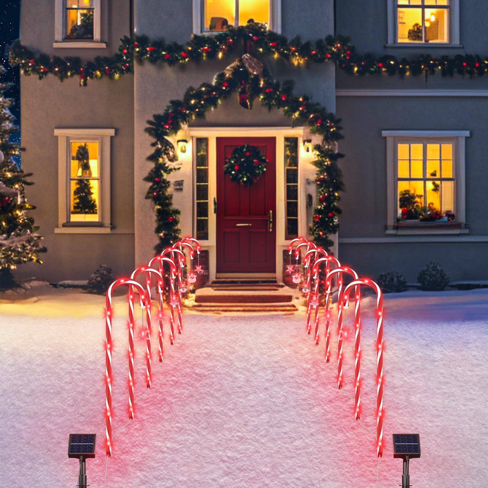 Alfiot Solar Christmas Candy Cane Lights, Red 12 Pack Pathway Stake Lights Outdoor, 8 Modes 2000Mah Walkway Markers With Stakes For Garden Patio Xmas Decorations (22'')