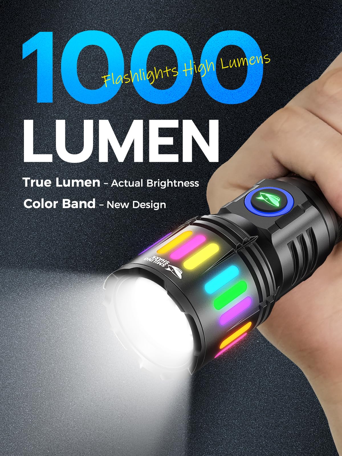 Smiling Shark Flashlight, M1 Bright Flashlights High Lumens Rechargeable Led With 4 Modes & Zoomable3 Color Lenses  Small Powerful Handheld Battery Flash Light For Home/Emergencies/Camping, Black