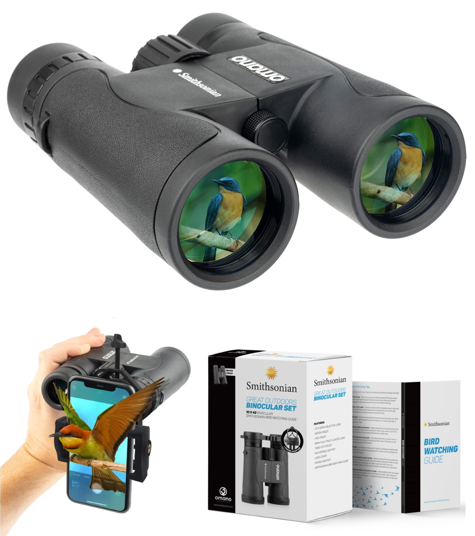 Omano Smithsonian Adult Birding Binoculars - 10X42, Phone Adapter, Diopter Adjustable - Ideal For Hiking, Travel - Includes Bird Watching Guide