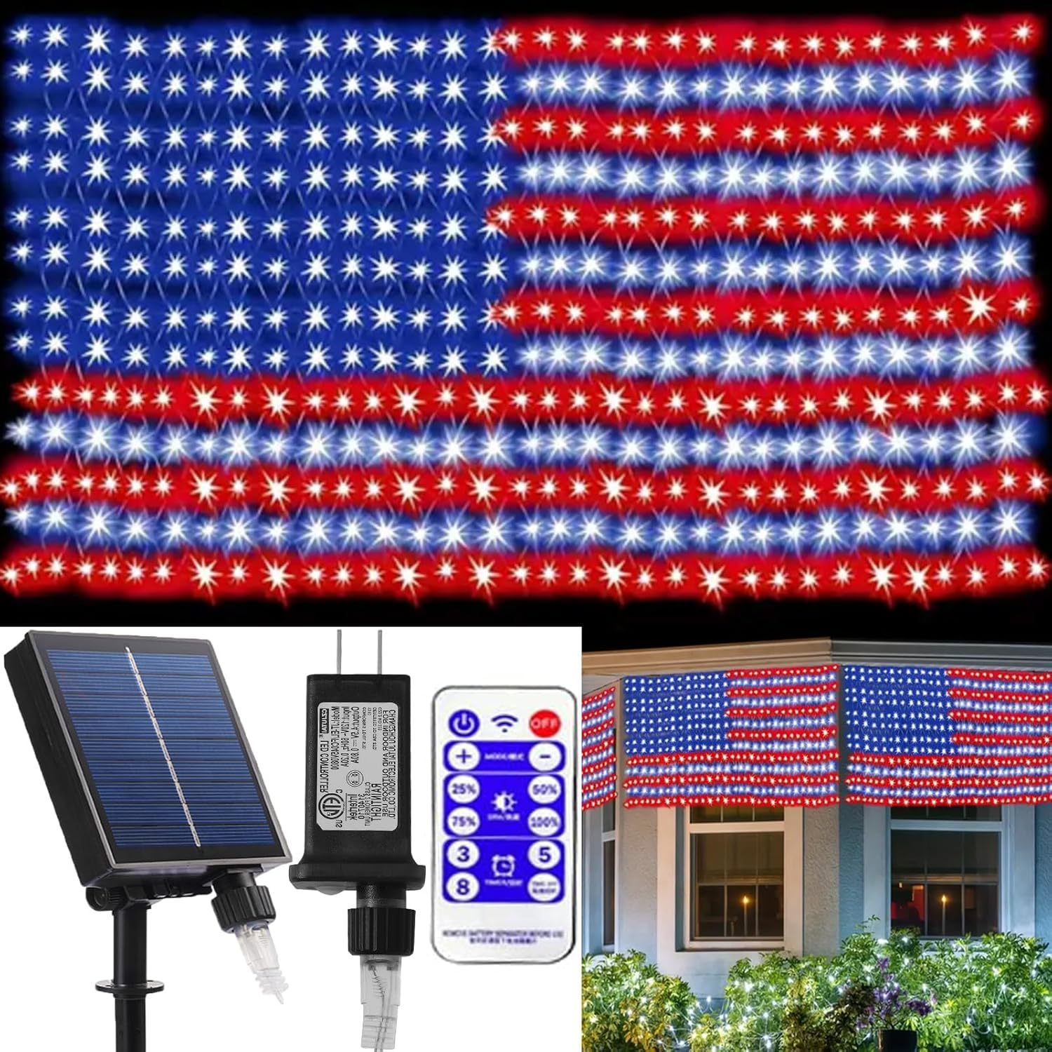 Cerflyer American Flag Lights, 2-In-1 Plug-In&Outdoor Solar String Light With 420 Led Flag Net Lights Of The United States, Waterproof Patriotic Light For Christmas, Independence Day, Party, 4Th Of July