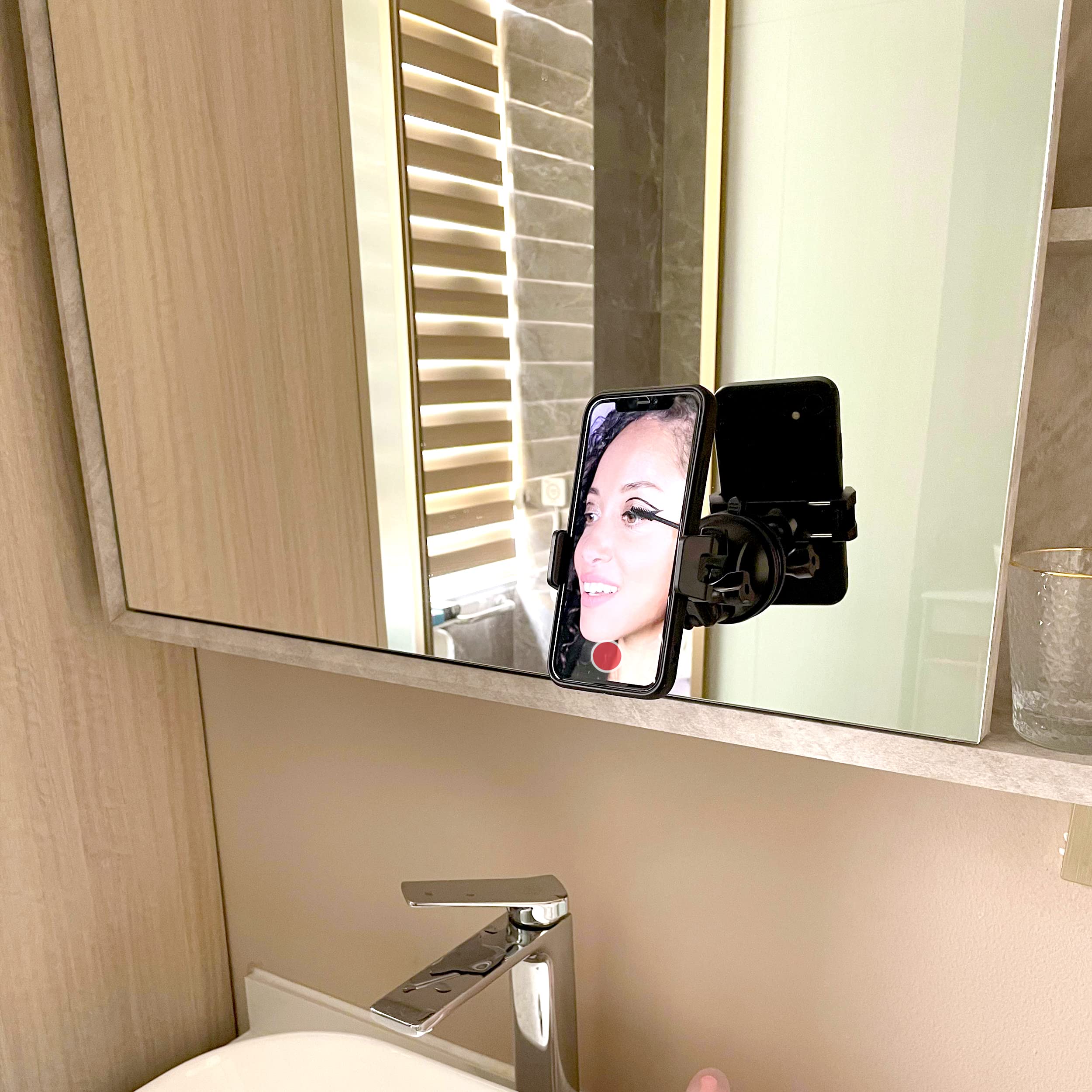 Quyee Universal Mirror Shower Phone Holder, Multi-Directional Dual 360 Degree Rotating Suction Cup Phone Wall Mount Stand, Tiktok Youtube Vlog Video Recording Kit, Airplane Travel Essentials Accessories