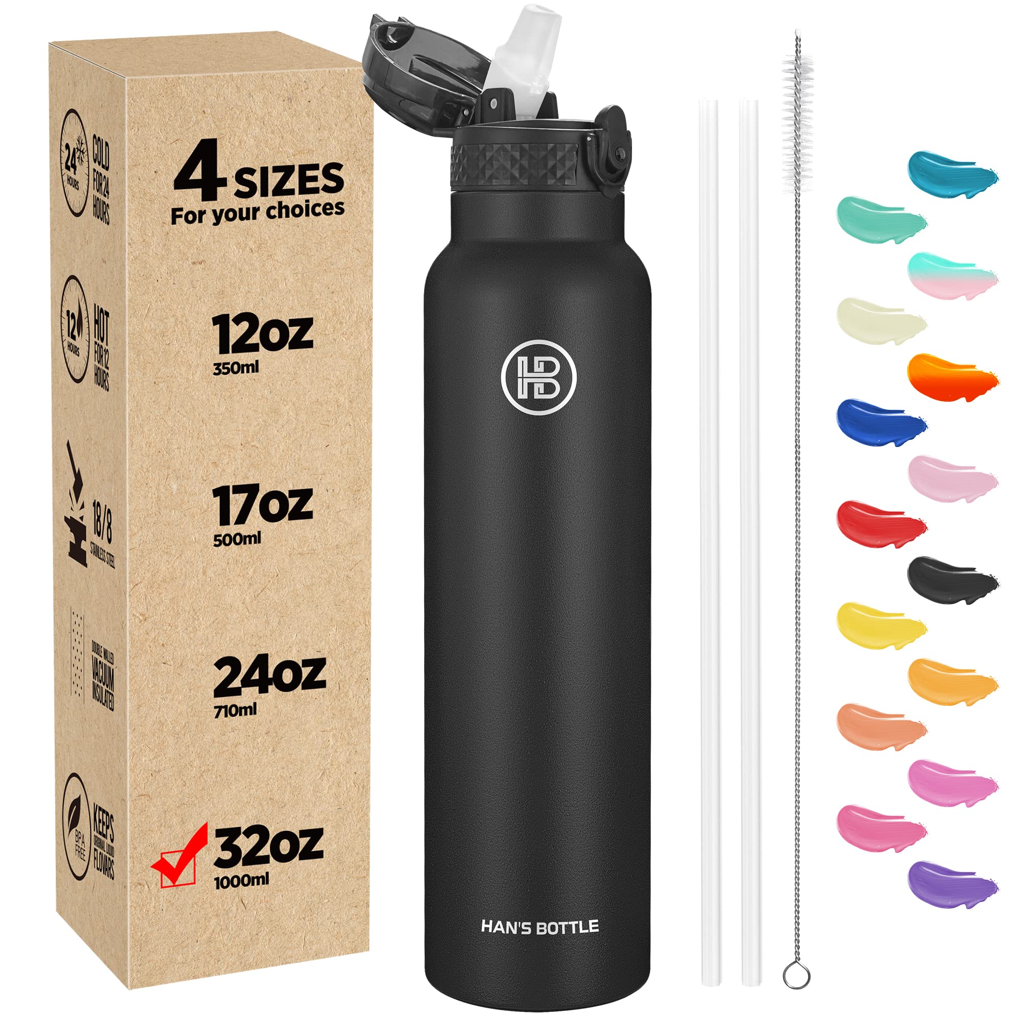 Han'S Bottle Sports Water Bottle - 32 Oz, Straw Lid, Leak Proof, Vacuum Insulated Stainless Steel