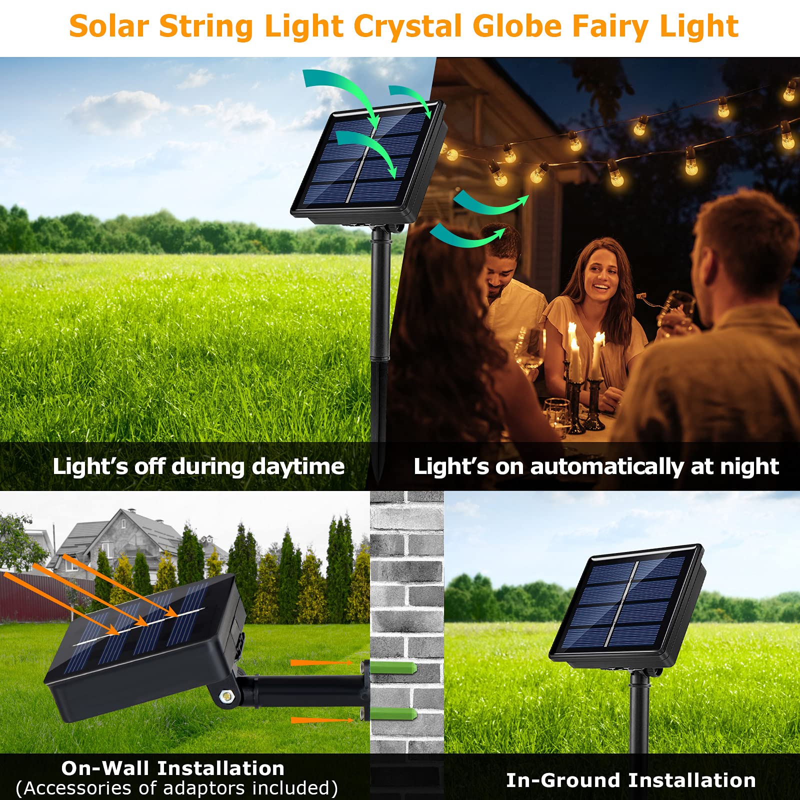Kikasam Gazebo Solar String Lights, 23Ft Solar Decorative Lights With 8 Lighting Modes, Waterproof Solar Patio String Lights Yard Lights Solar Powered For Indoor Outdoor Porch Christmas Decor