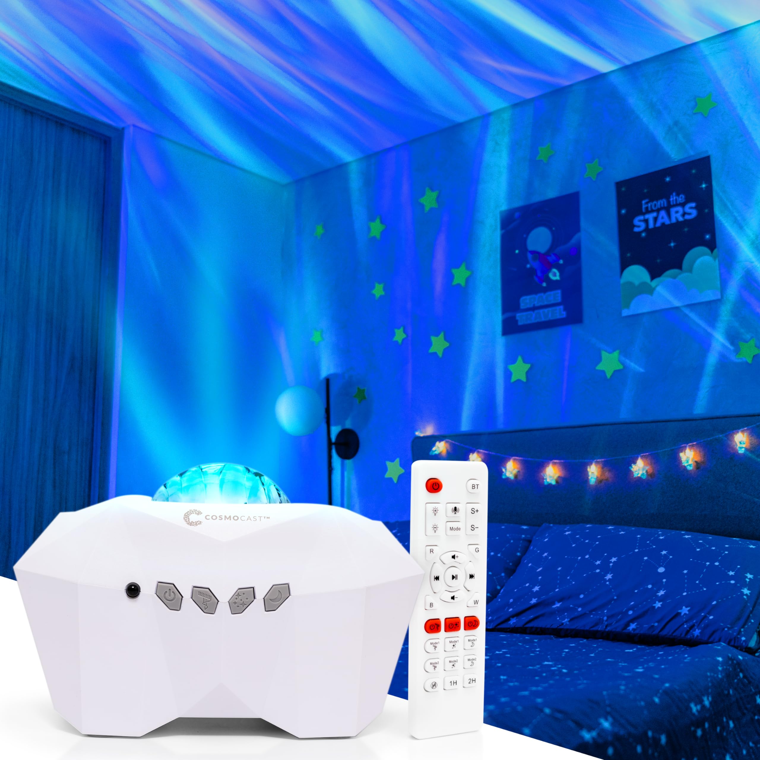 Octo Lights Aurora Borealis Light Projector - Northern Lights Lamp - Galaxy Star Night Light For Bedroom - Room Decor For Teens,  For Gamers, Birthdays - Nebula Led Mood Lighting W/Moon, Bluetooth - White