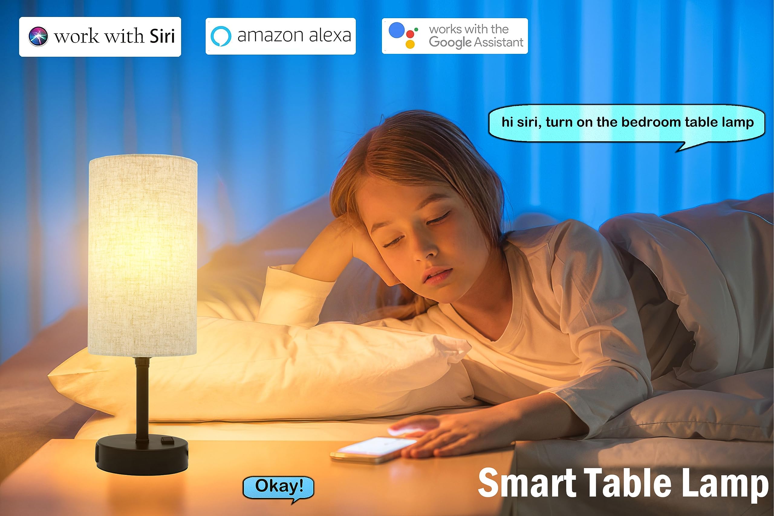 Eytueo Smart Table Lamp Work With Homekit, Siri, Alexa, Google Assistant, Smart Beside Nightstand Lamp With Ac Outlet & Usb A+C Charging Ports, Ambiance Color Changing Bed Table Lamp For Bedroom
