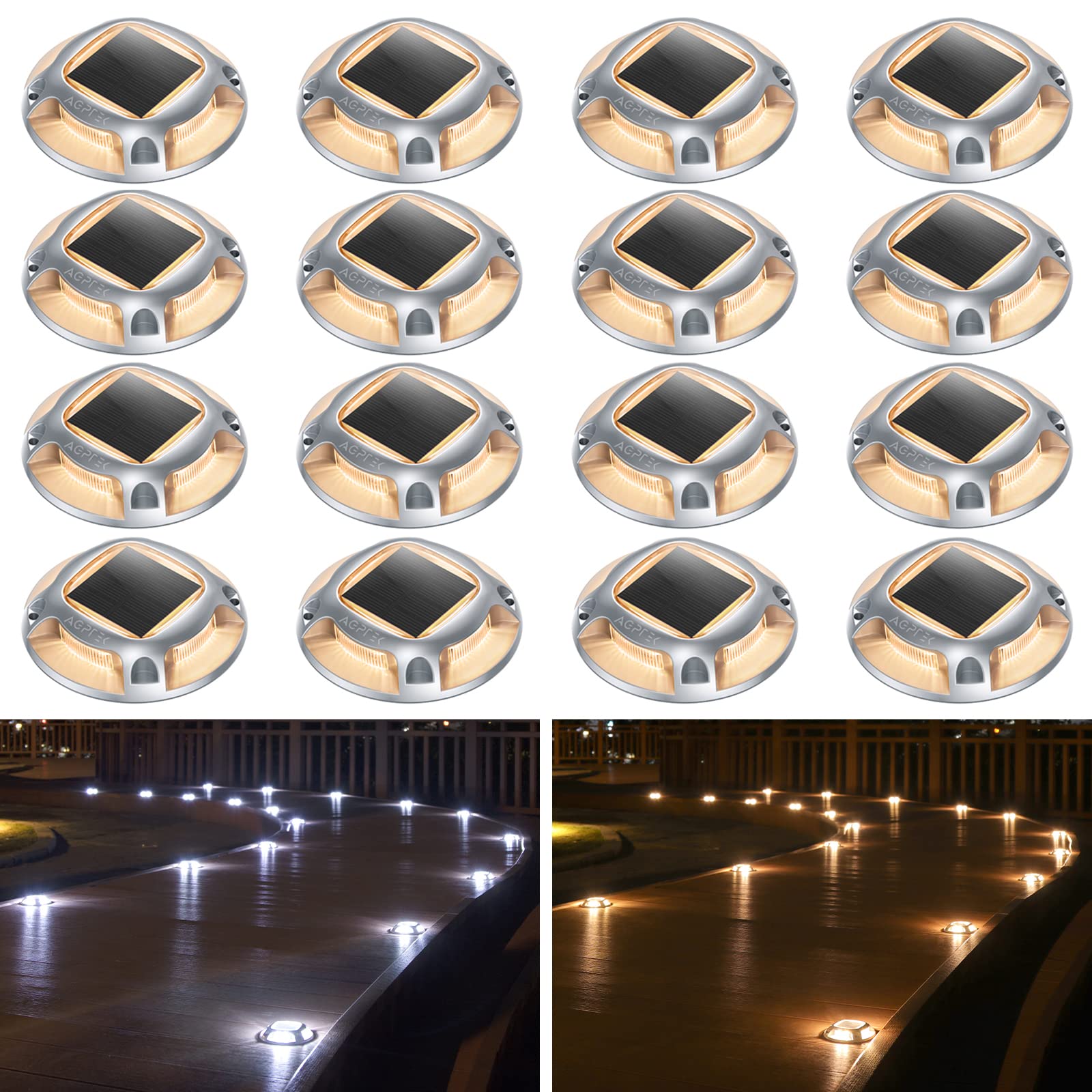 Agptek Solar Driveway Lights Outdoor 16 Pack, 2 Color Modes Led Deck Dock Marine Waterproof Driveway Marker Lights For Step Sidewalk Stair Garden Pathway Walkway Yard (Warm White/Cool White)