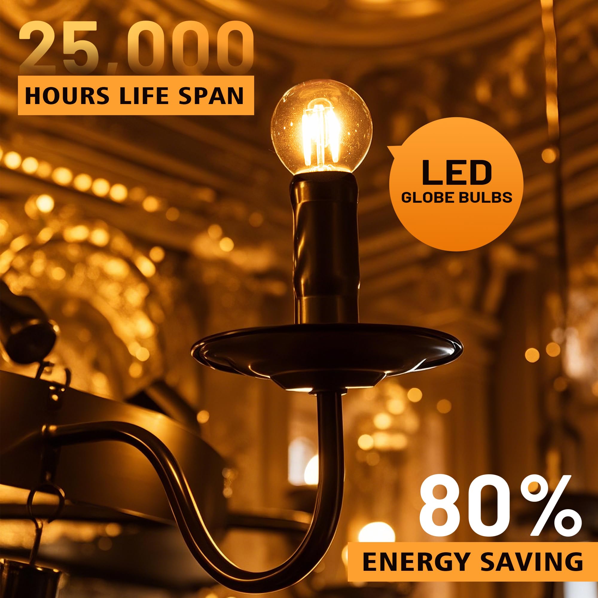 Guangyue 25Pack G40 Amber Glass Led Replacement Bulbs, 1.5W Equivalent 15W E12 Screw Base Shatterproof Globe Light Bulb For Indoor & Outdoor String Lights, 2200K Warm White