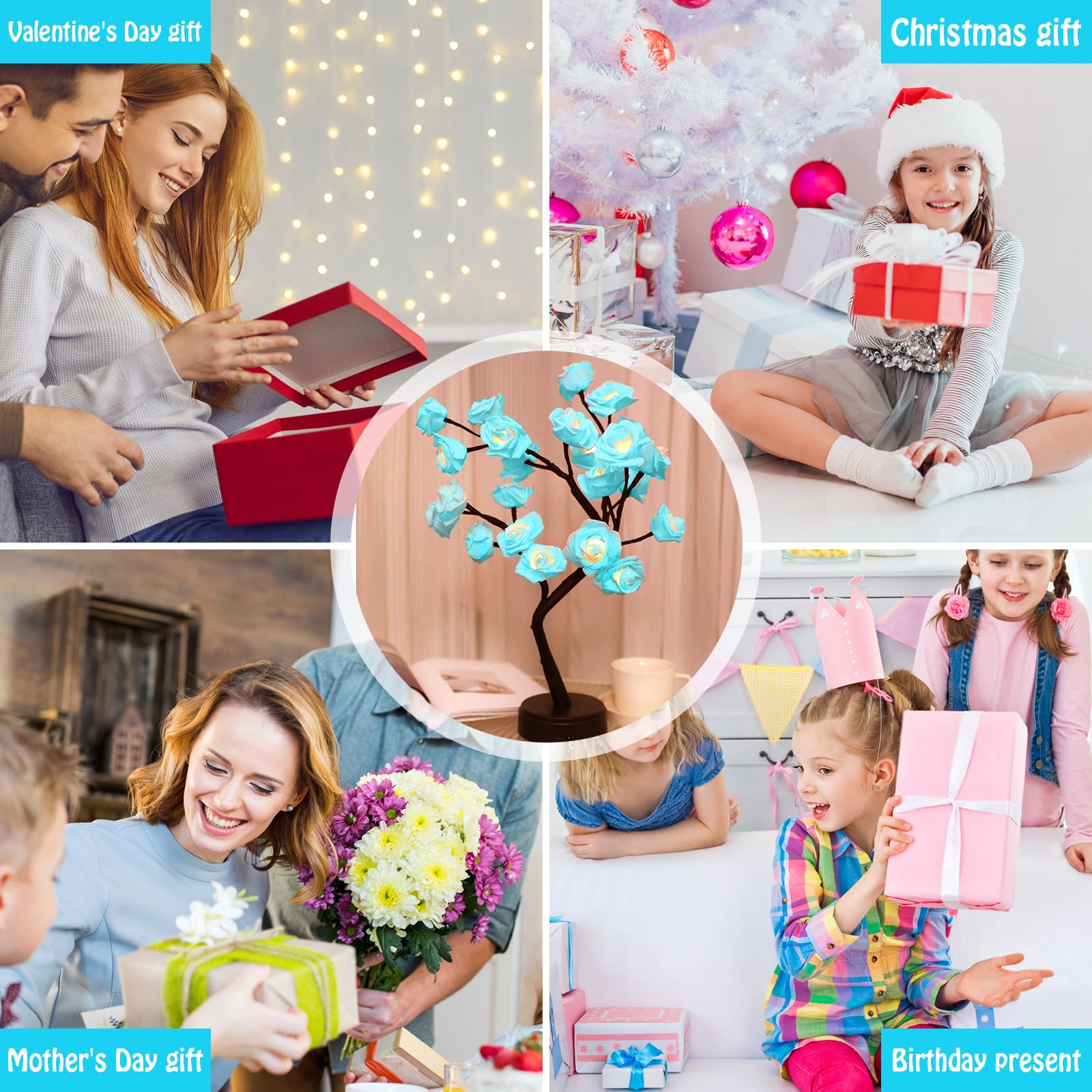 Bonlting Rose Flower Tree Lamp, Led Rose Bedside Table Lamp Battery Powered Or Usb Adapter, Nightstand Lamp For Living Room, Bedroom, Office For Mother’S Day Anniversary Birthday (Blue)