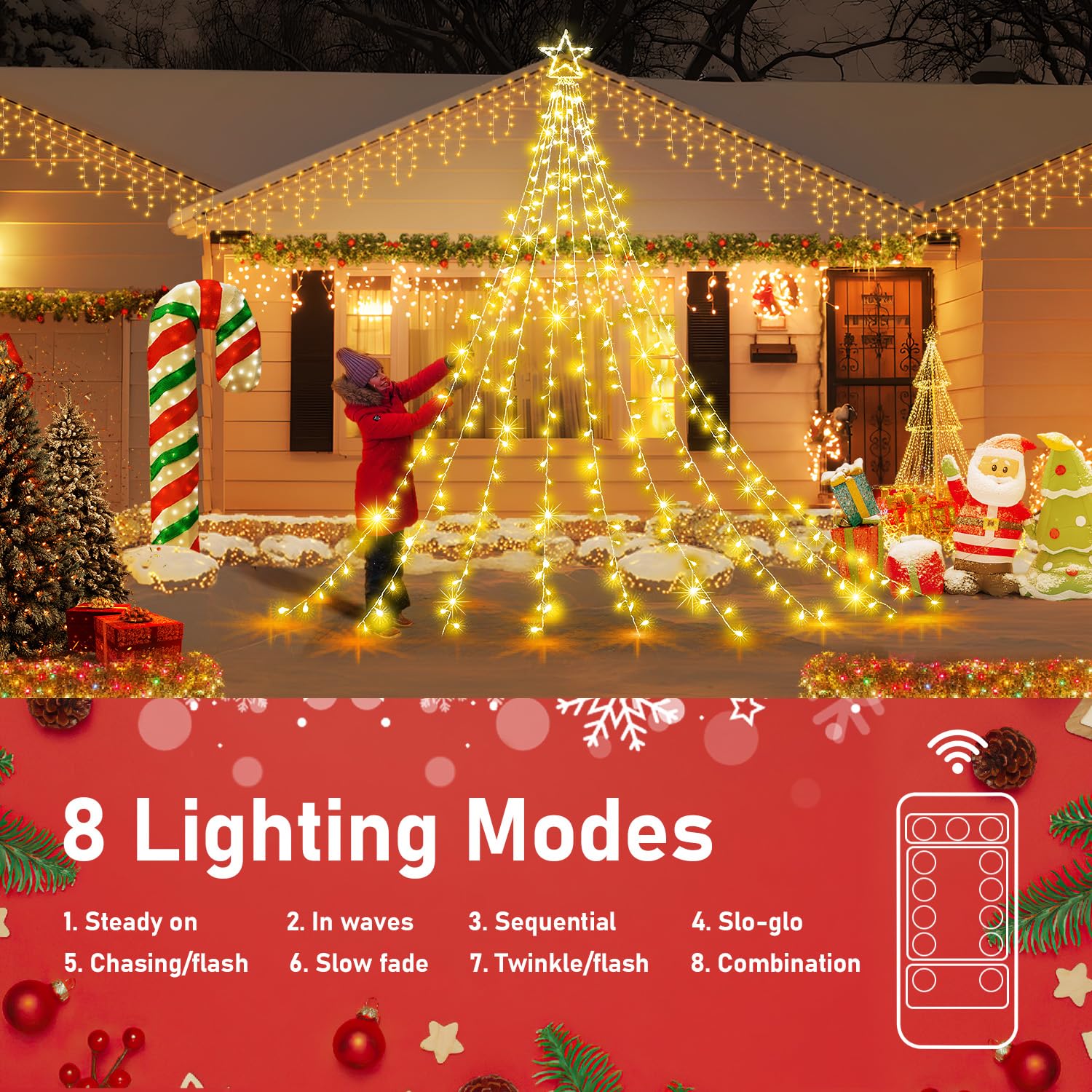 Xurisen Outdoor Christmas Decorations Star Light,11.8 Ft 337 Led Waterfall Tree Lights With Topper Star String Lights Plug In, 8 Modes Christmas Lights For Party Home Holiday Decor(Warm White)