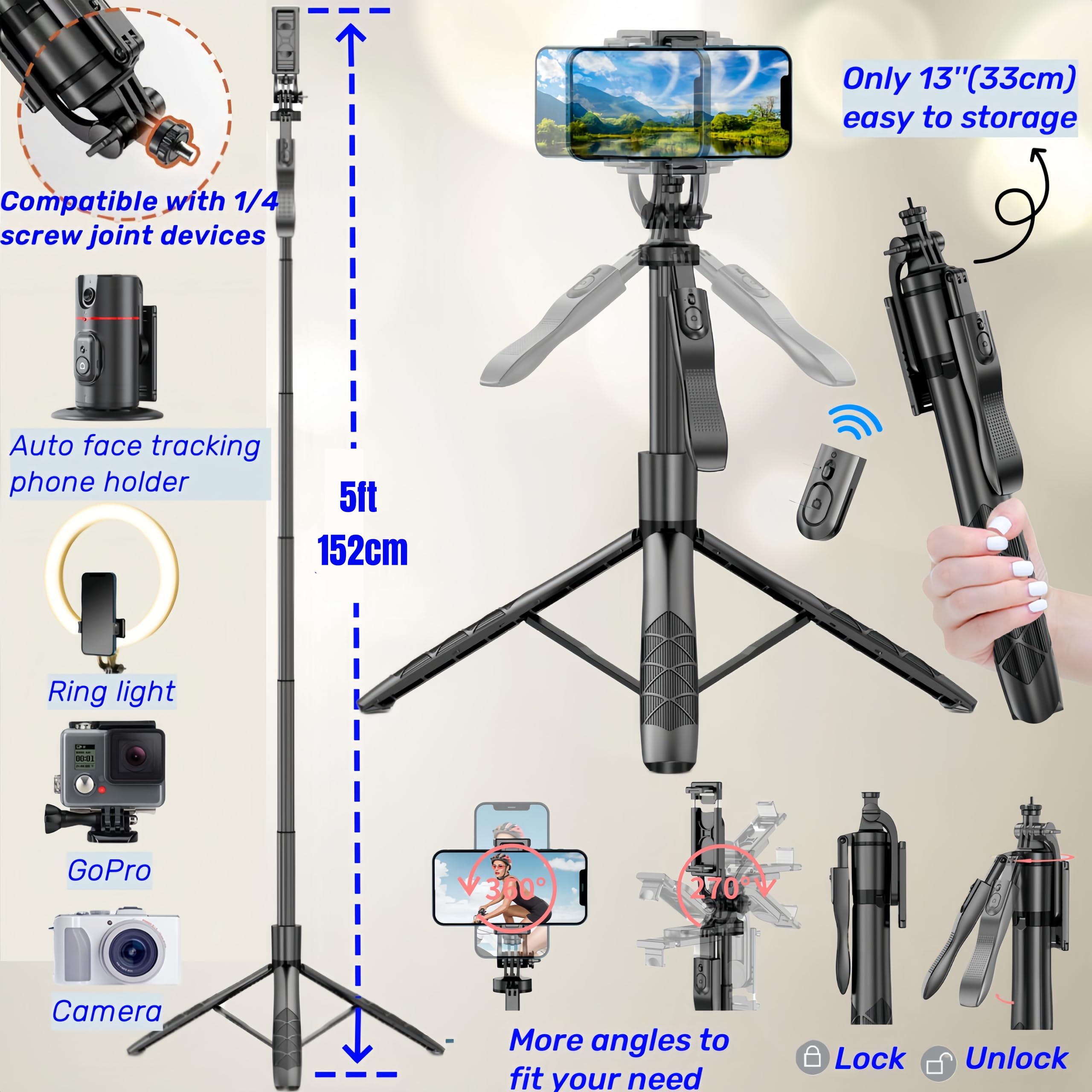 Bizisofon Auto Face Tracking Tripod, 360° Rotation Face Body Tracking Phone Holder, Rechargeable Smartphone Camera Mount Remote & Gesture Control With Adjustable Selfie Stick Tripod Stand For Phone Camera Gopro