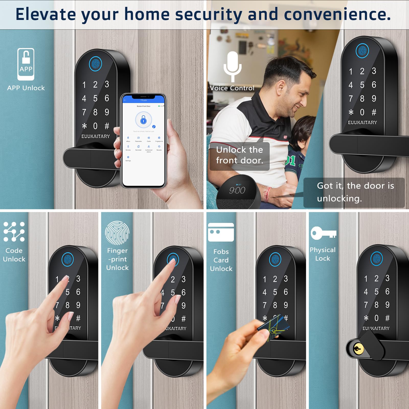Euukaitary Fingerprint Door Lock, Keyless Entry Door Lock, Smart Locks For Front Door, Built-In Wifi, App Remote Control, Digital Keypad Code Unlock, Auto-Lock, Electronic Deadbolts With Handle