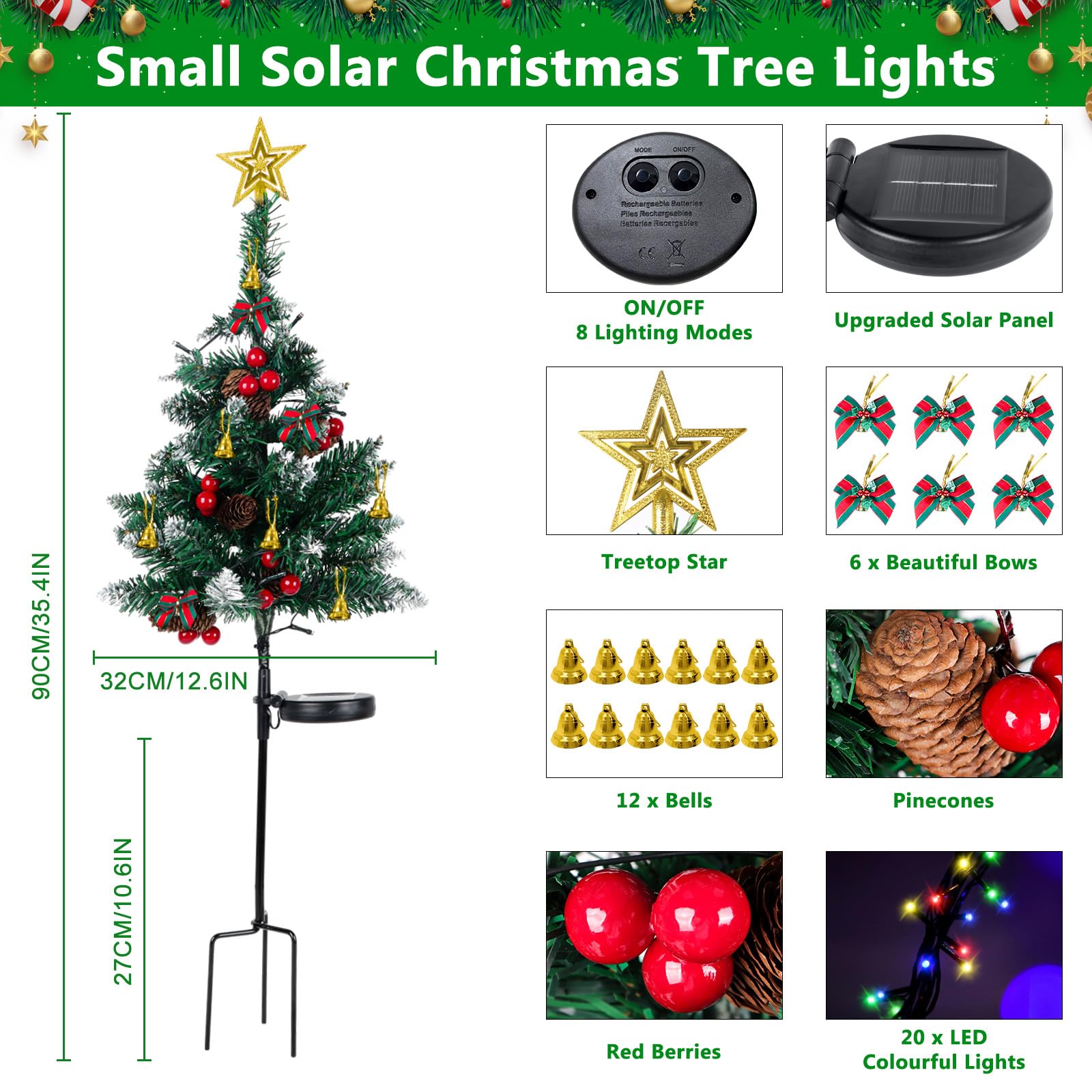 Ourwarm 2Pcs Solar Christmas Tree Lights Outdoor Decorations, 20 Leds Path Lights 8-Mode Flickering, Small Mini Solar Christmas Tree For Outside Yard Pathway Garden Grave Cemetery Xmas Decor