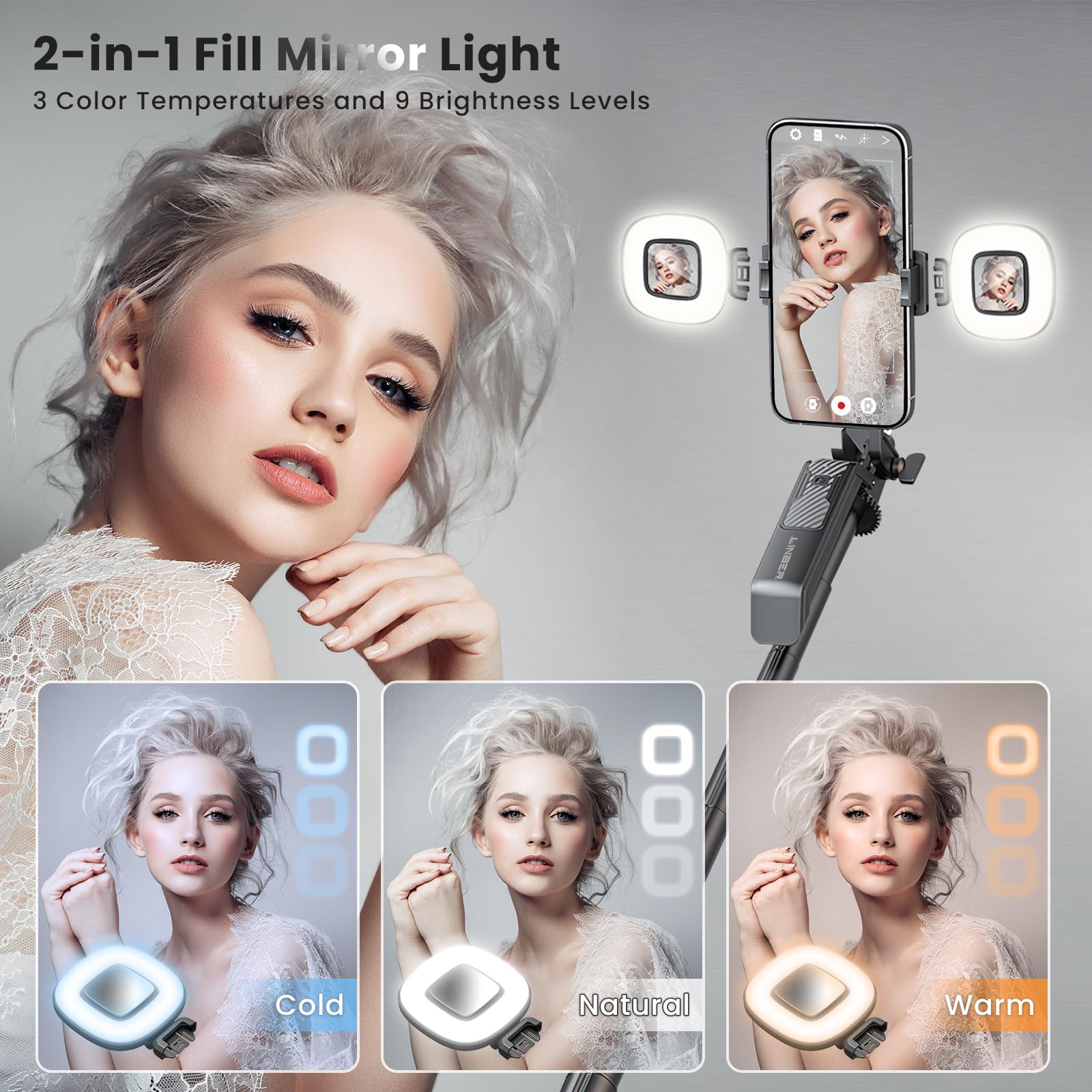 Linber 71" Selfie Stick Tripod With Wireless Remote & 2 Fill Lights, Tall Phone Tripod Stand With Quad-Leg Base, Aluminum Alloy White Stick For Iphone, Android, Gopro, Vlogging & Video