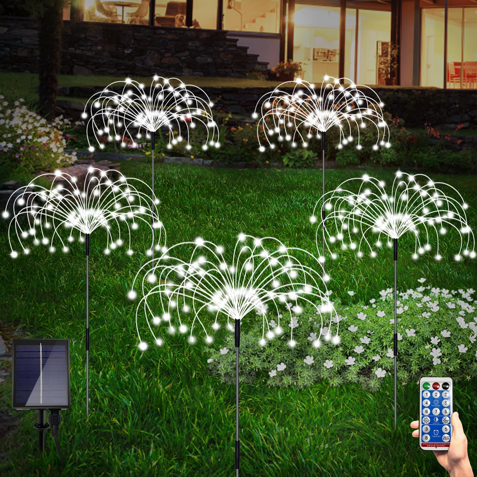 Maleyt Solar Garden Lights Outdoor Fireworks Lights, 5 Pack Decorative Solar Lamps Waterproof String Lights Diy Fairy Stake Landscape Light 8 Modes With Remote For Lawn Backyard Patio Pathway(Cool White)