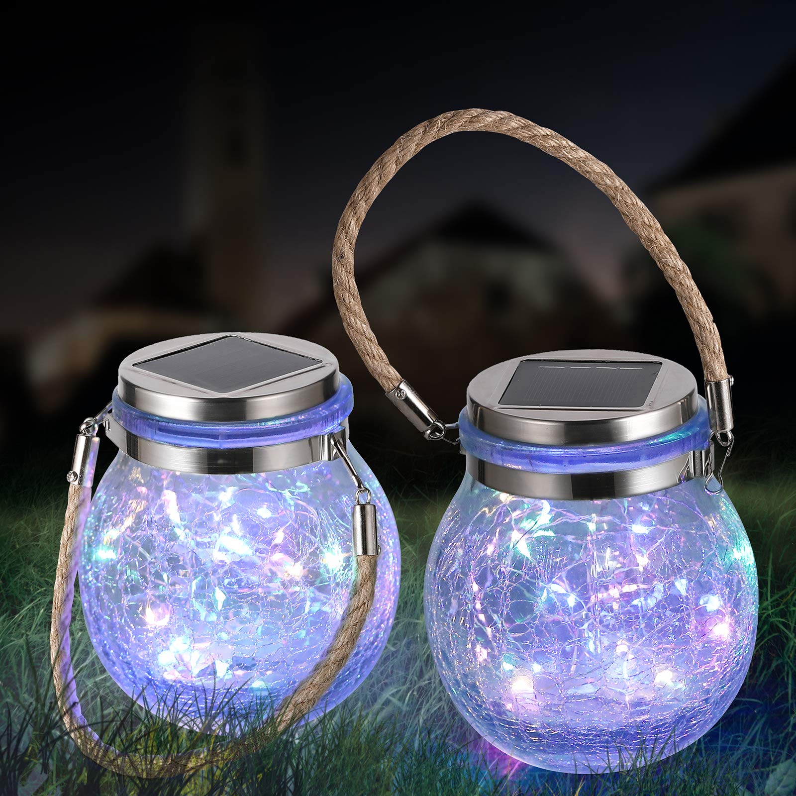 Ivsuntek Solar Hanging Lanterns Outdoor Waterproof, Table Lamps Decorative Cracked Glass Jar 30 Led Lights For Garden Tree Court Yard Patio Pathway Christmas Day Holiday Party Decoration (2, Colors)