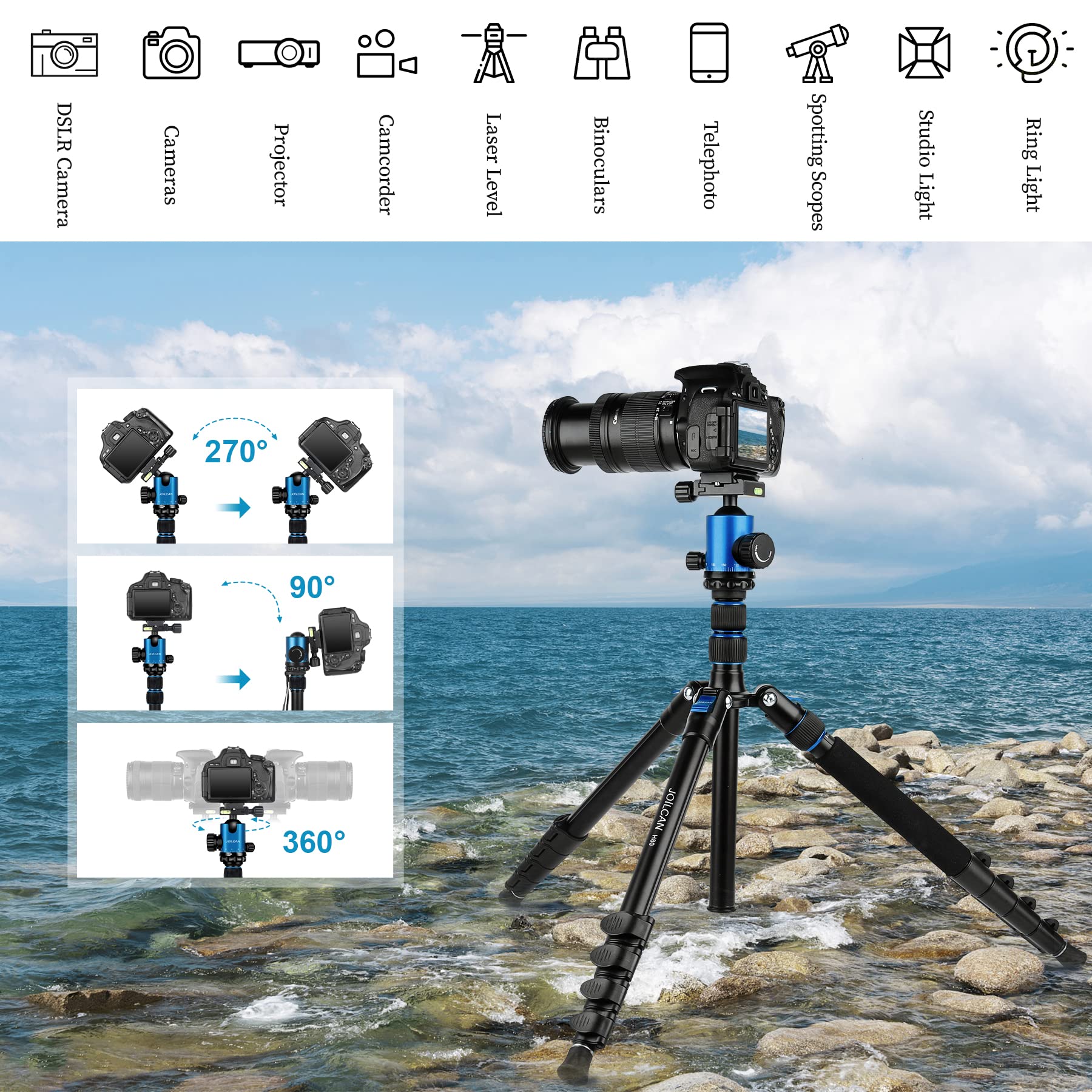 Joilcan Tripod For Camera, 81" Camera Tripod Stand, 83 Inches Dslr Tripods & Monopods, Heavy Duty Travel Tripod For Binoculars Laser Level Spotting Scope Telescope, Professional Complete Tripod Units