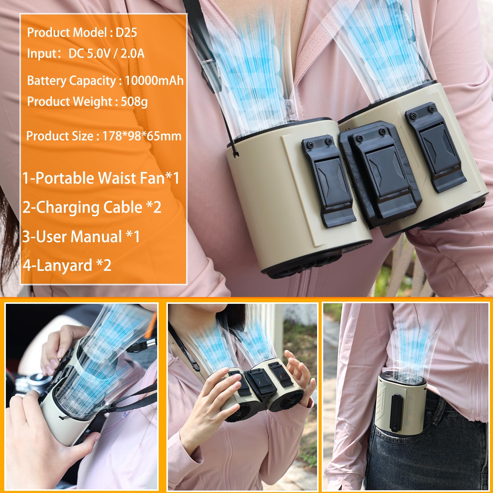 Portable Waist Fan Detachable Double Fan Combination Turbo Technology10000 Mah 5-Speed 13000Rpm Clip