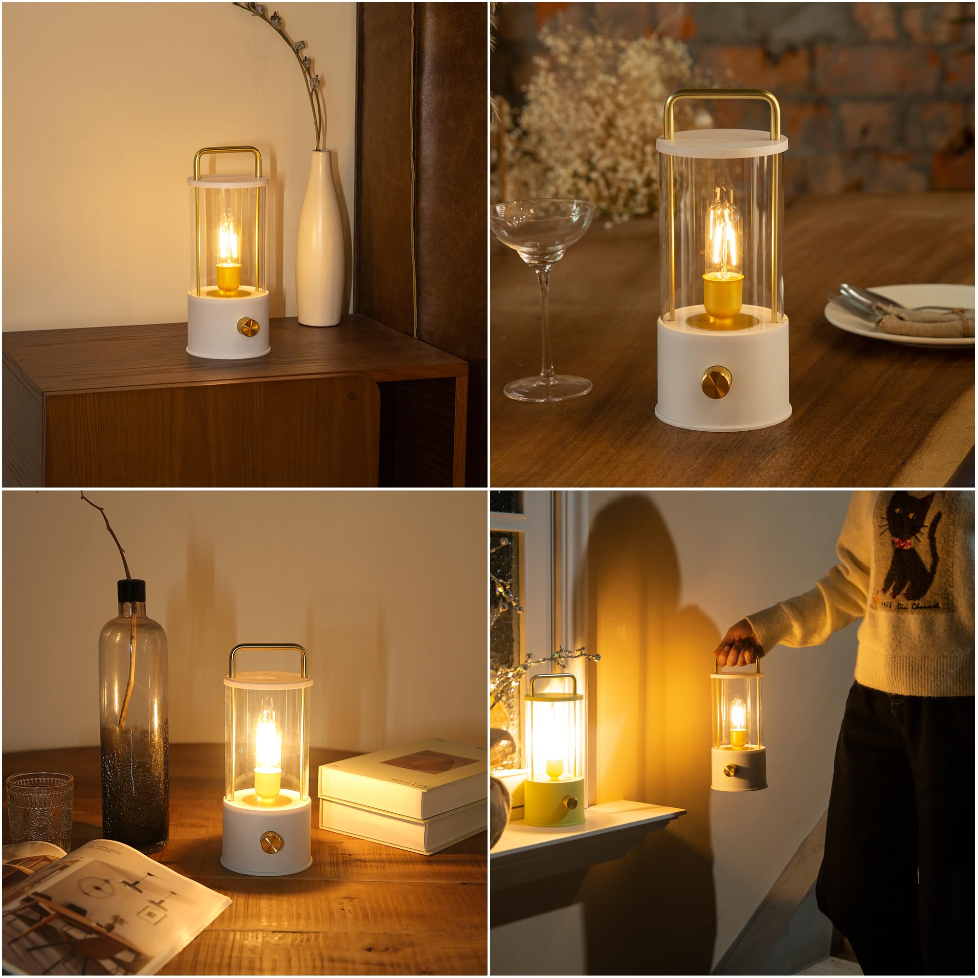 Lusharbor Cordless Table Lamp, Portable Lantern Rechargeable Led Battery Operated Lamp Stepless Dimming, Hanging Desk Bedside Small Table Lamp For Nightstand Camping Tabletop Bedroom White