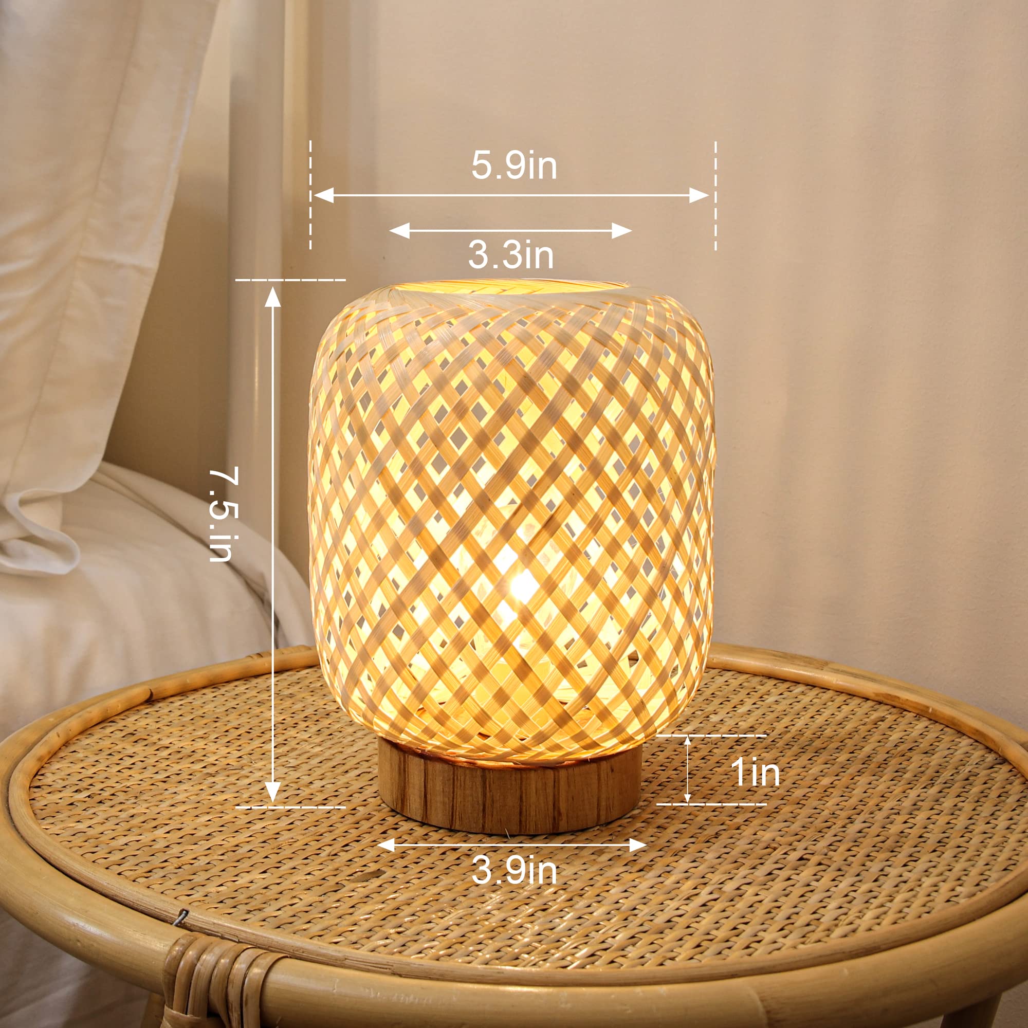 Lusharbor Rattan Lamp, Cordless Boho Lamp Battery Operated, Table Lamp With Led Bulb, Handmade Bamboo Beside Lamp Small Rattan Lamp, Decorative Battery Lamp For Kids Room Entryway - Grid